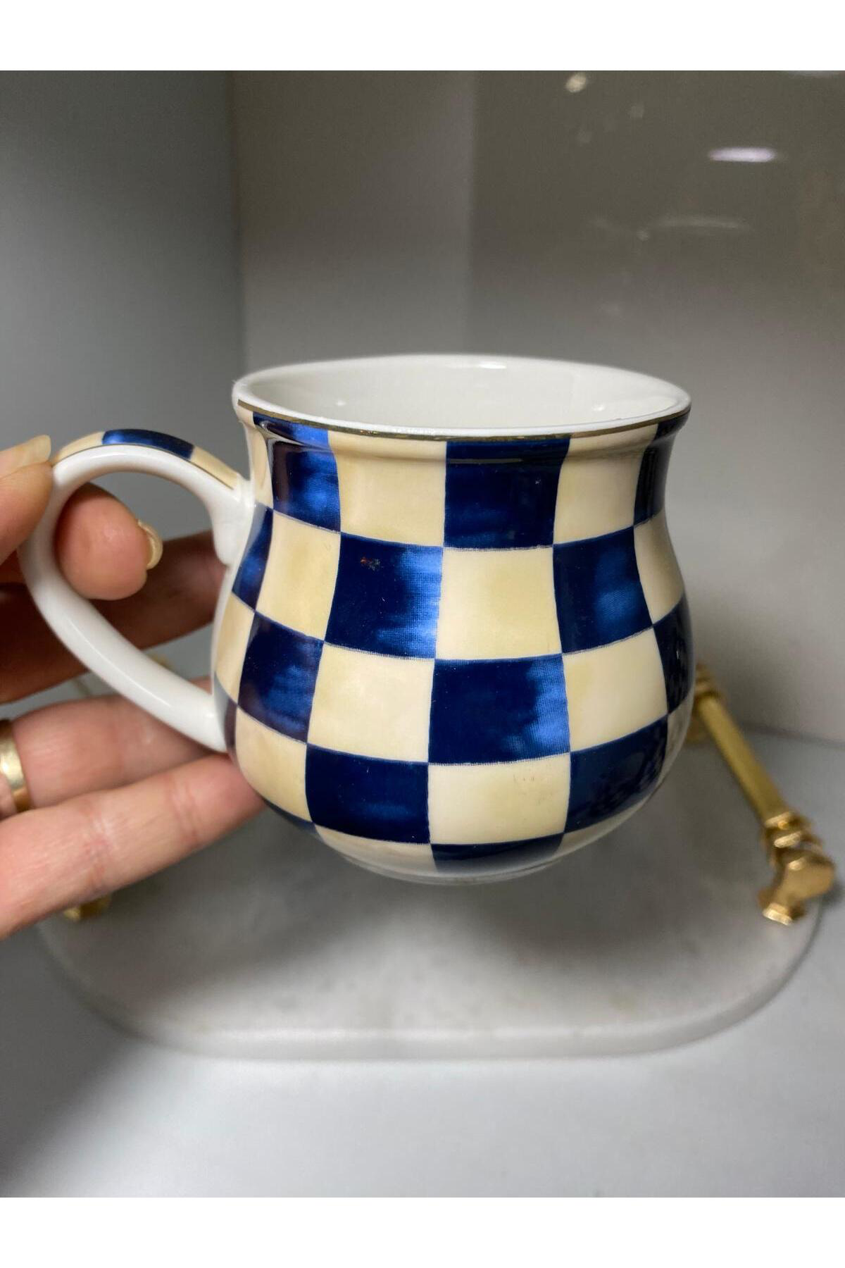 Elif Aksesuar Arov Damalı Desen Ayran Kupa Bardağı Tekli