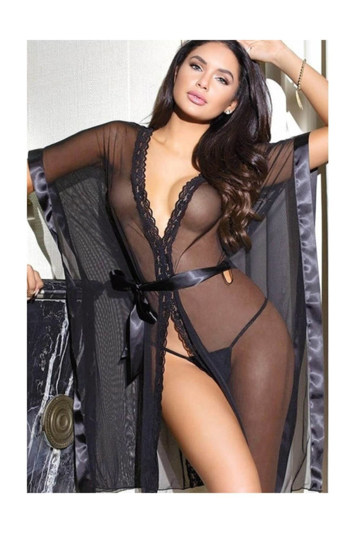 Arowana Fashion 8091 Kadın Siyah Saten Kuşaklı Transparan Fantazi