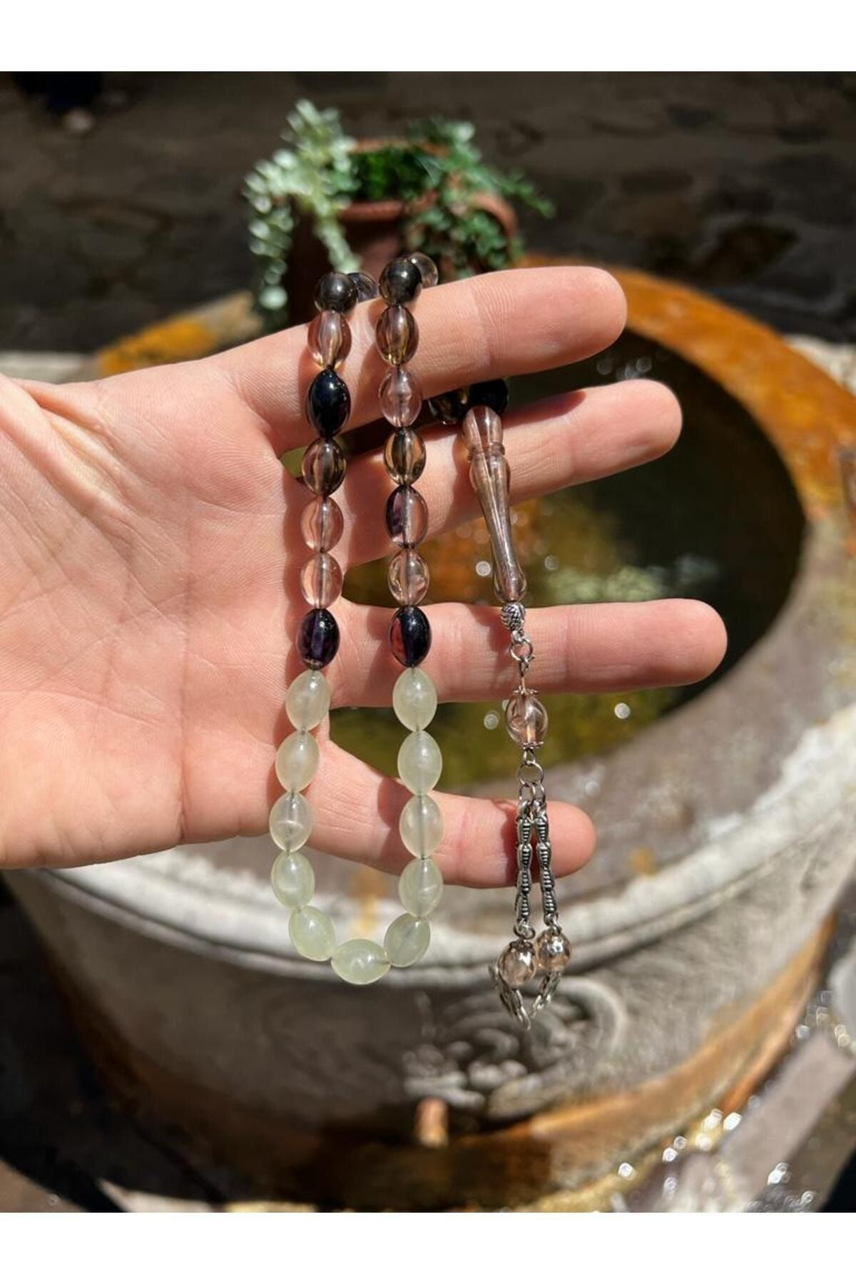 Gümüştel El Sanatlari Arpa Kesim Kedi Gözü Toz Kehribar Tesbih Tasarim 33 Lü
