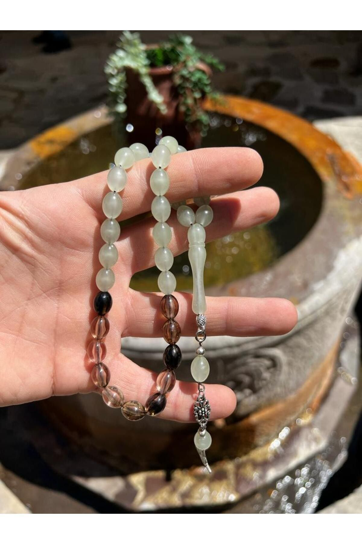 Gümüştel El Sanatlari Arpa Kesim Kedi Gözü Toz Kehribar Tesbih Tasarim 33 Lü