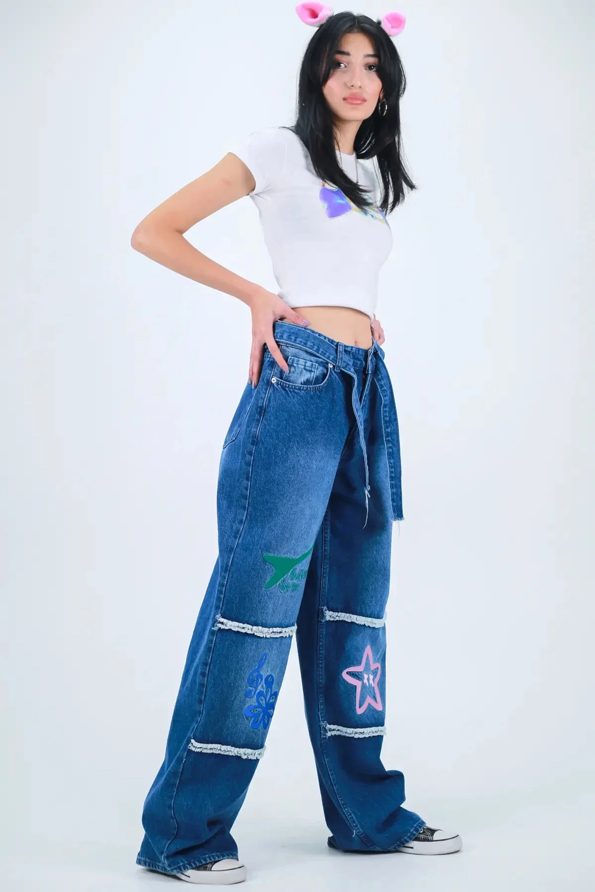 Artistic Vibes Nakışlı Mavi Baggy Jean Artistic Vibes Nakışlı Mavi Baggy Jean