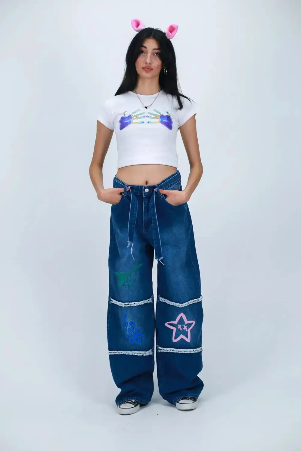 Artistic Vibes Nakışlı Mavi Baggy Jean