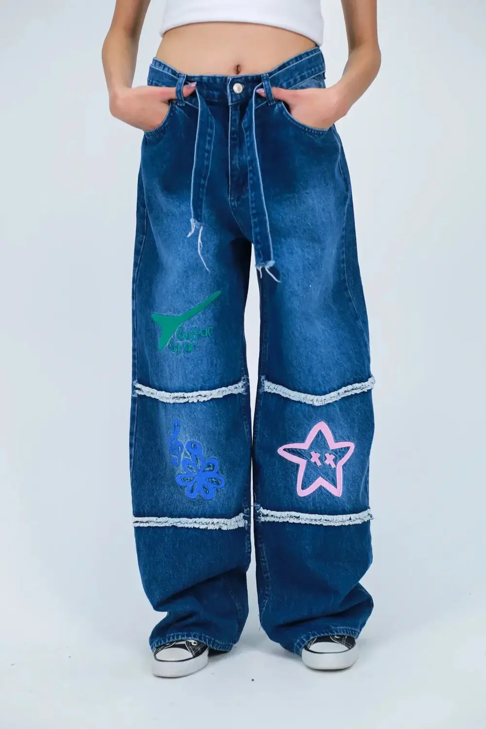 Artistic Vibes Nakışlı Mavi Baggy Jean