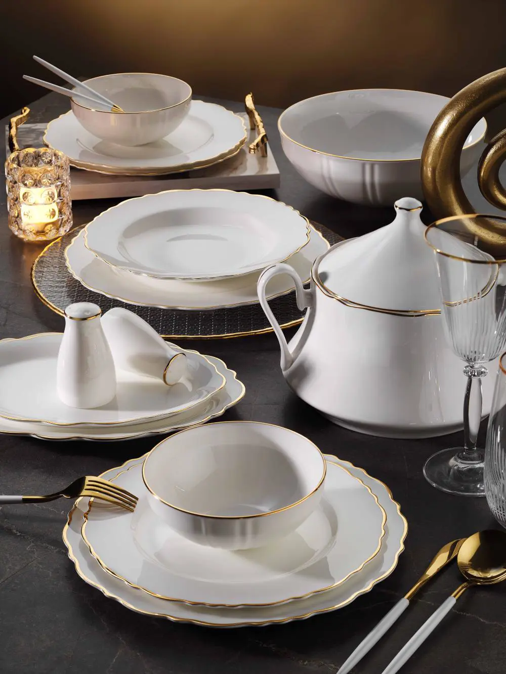Aryıldız Bone Porselen 85 Parça Porselen Yemek Takımı Gold AR3400 Aryıldız Bone Porselen 85 Parça Porselen Yemek Takımı Gold AR3400