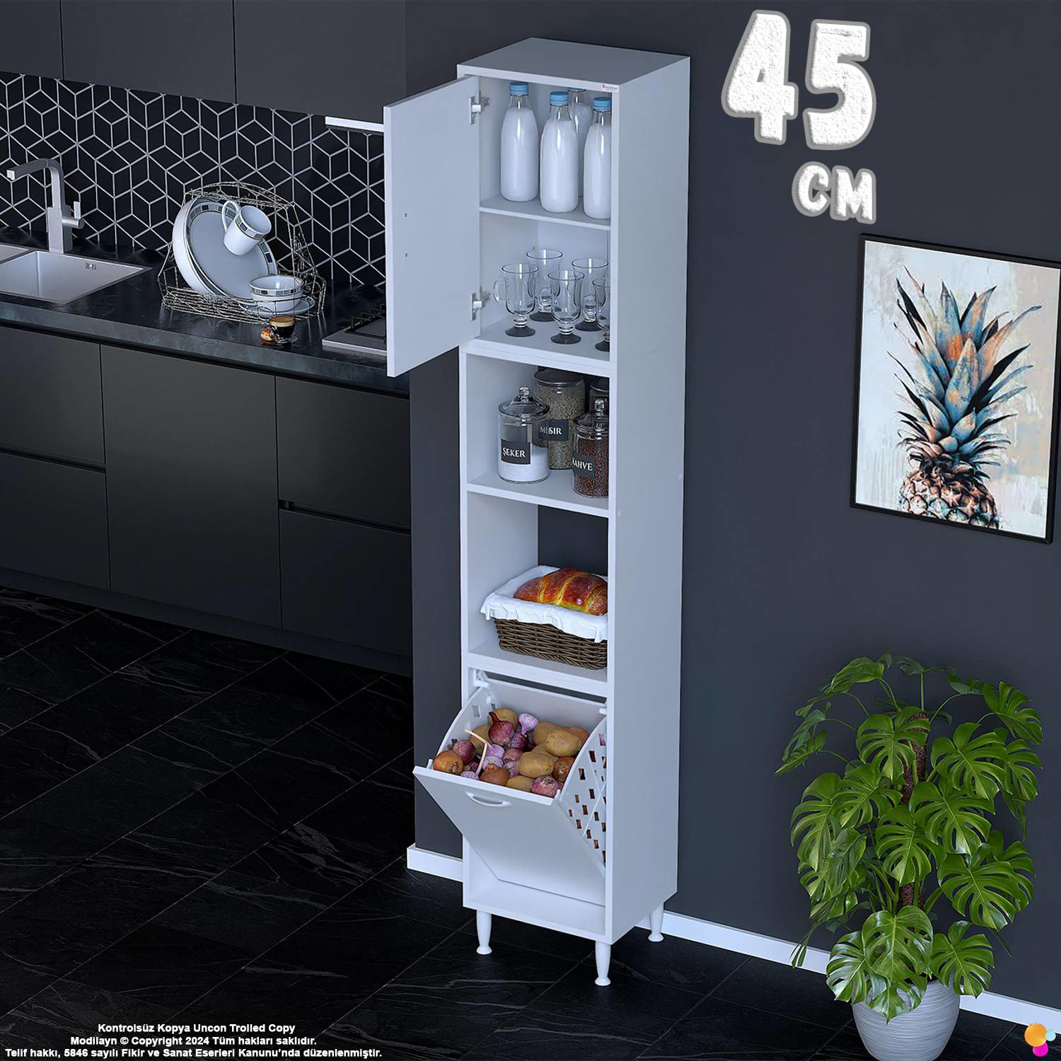 Asel 45 cm Sepetli Çok Amaçlı Mutfak Kiler Dolabı Banyo Kirli Çam Asel 45 cm Sepetli Çok Amaçlı Mutfak Kiler Dolabı Banyo Kirli Çam