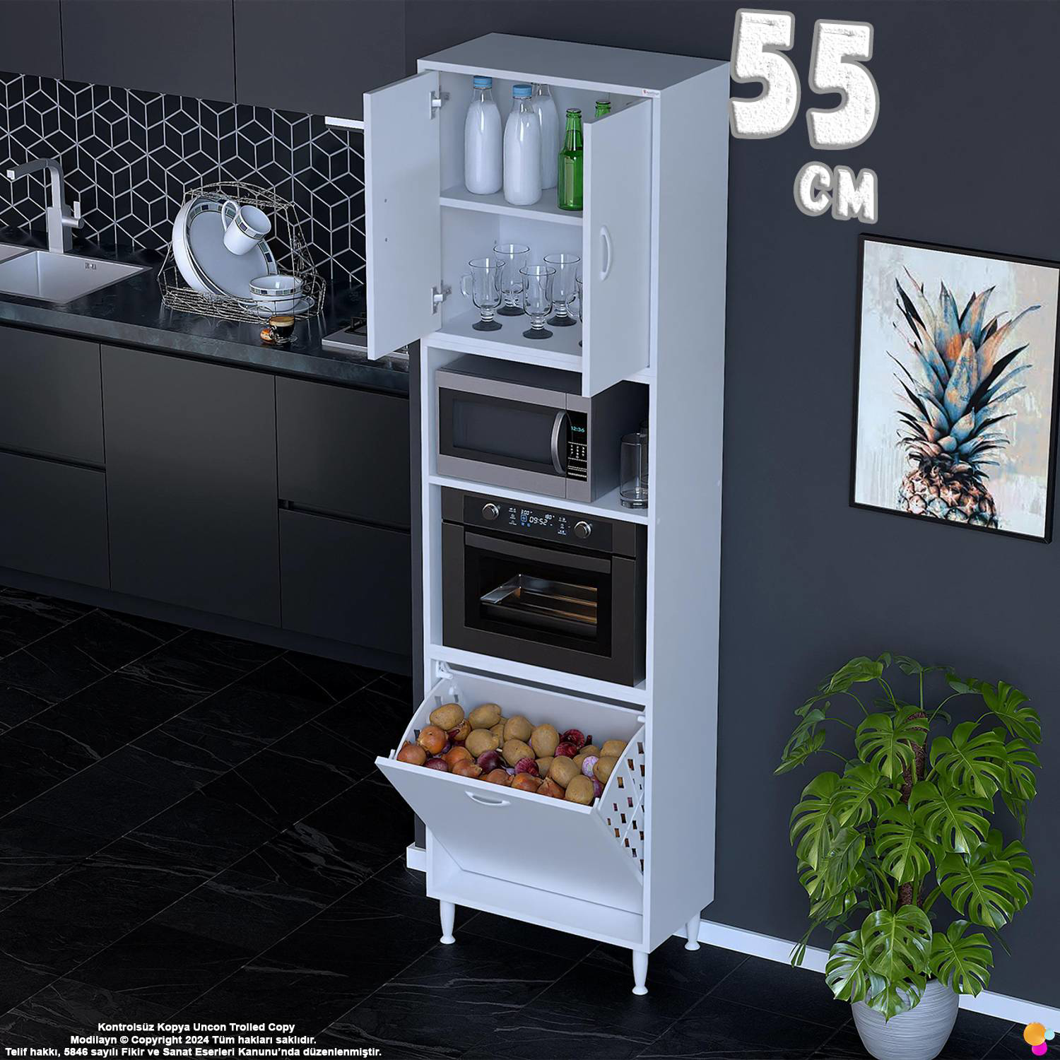 Asel 55 cm Fırın Uyumlu Sepetli Çok Amaçlı Dolap Banyo Kirli Çama Asel 55 cm Fırın Uyumlu Sepetli Çok Amaçlı Dolap Banyo Kirli Çama
