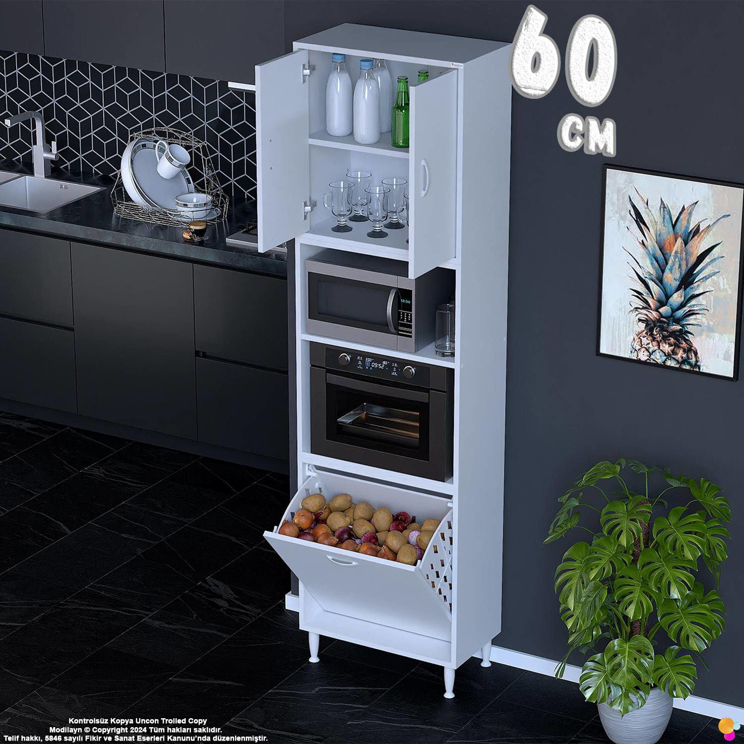 Asel 60 cm Fırın Uyumlu Sepetli Çok Amaçlı Dolap Banyo Kirli Çama Asel 60 cm Fırın Uyumlu Sepetli Çok Amaçlı Dolap Banyo Kirli Çama