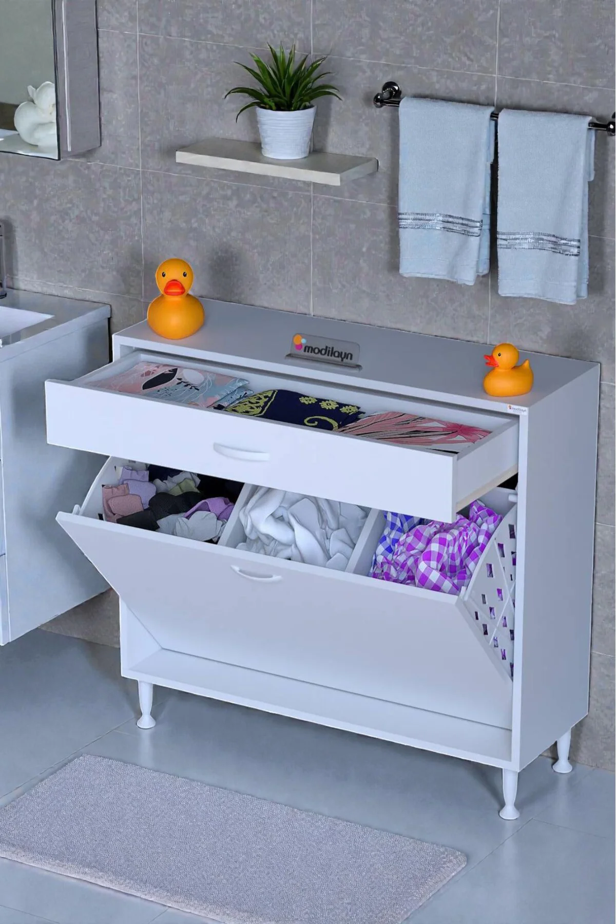 Asil 100 cm Kirli Çamaşır Sepetli Banyo Dolabı 1 Çekmeceli Mutfak