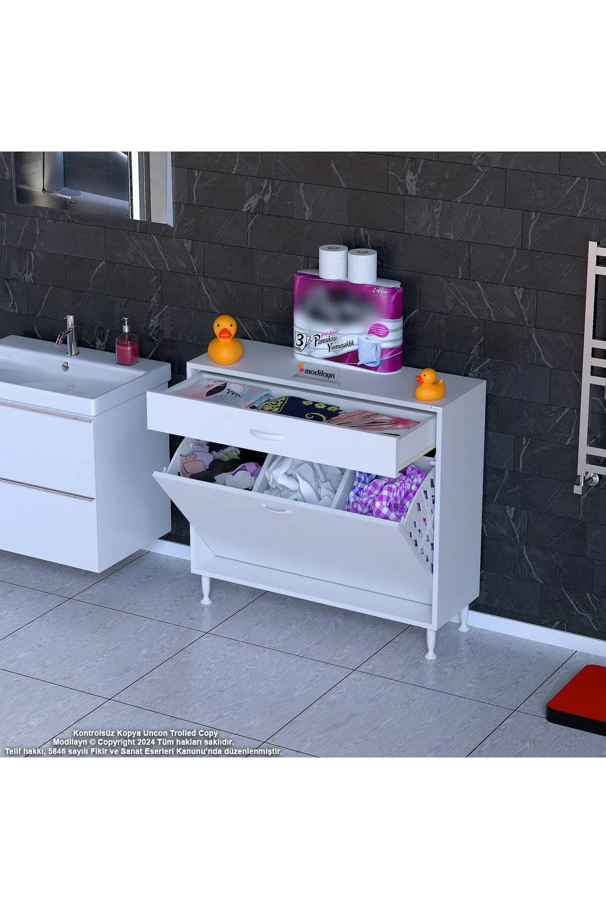 Asil 100 cm Kirli Çamaşır Sepetli Banyo Dolabı 1 Çekmeceli Mutfak