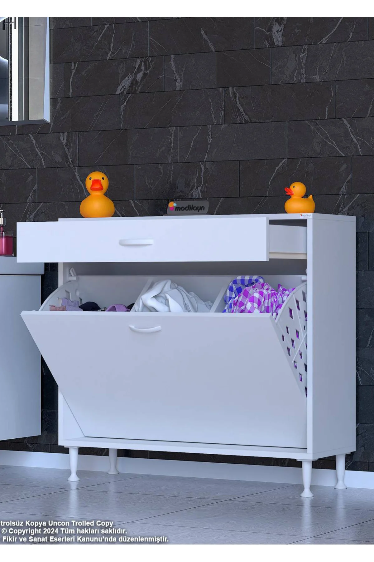 Asil 100 cm Kirli Çamaşır Sepetli Banyo Dolabı 1 Çekmeceli Mutfak