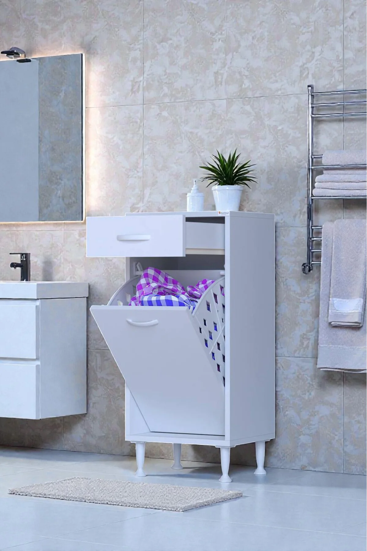 Asil 35 cm Kirli Çamaşır Sepetli Banyo Dolabı 1 Çekmeceli Mutfak 
