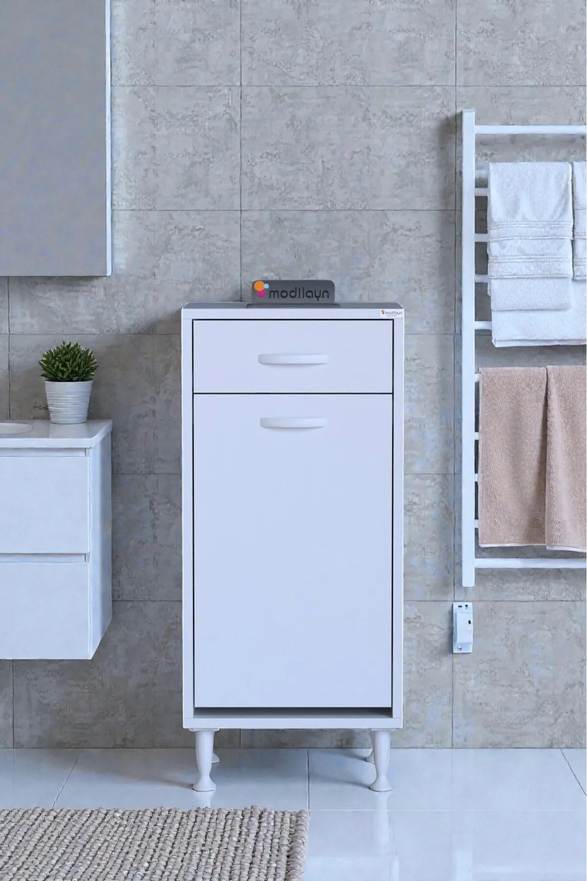 Asil 40 cm Kirli Çamaşır Sepetli Banyo Dolabı 1 Çekmeceli Mutfak 