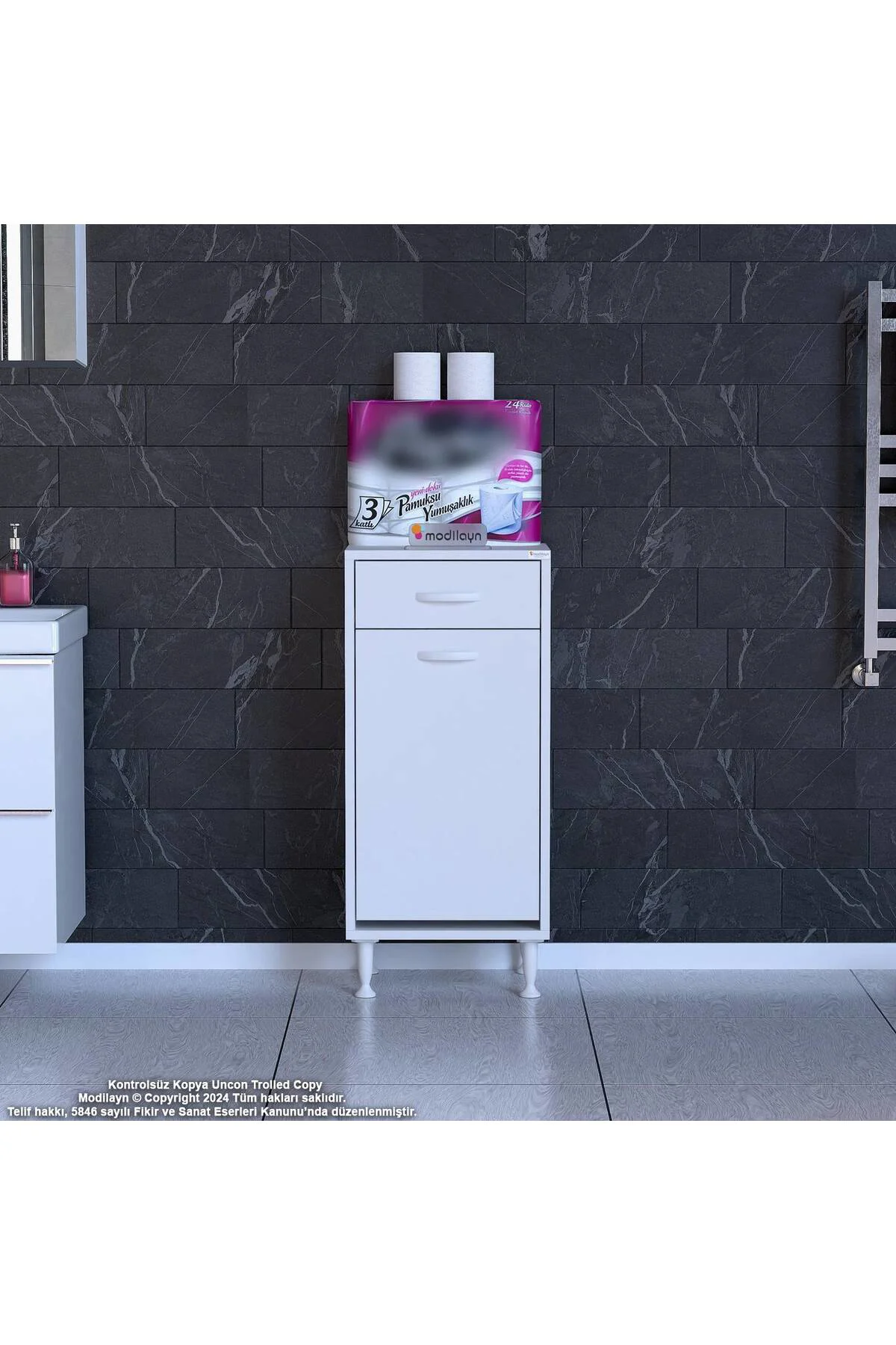Asil 50 cm Kirli Çamaşır Sepetli Banyo Dolabı 1 Çekmeceli Mutfak 