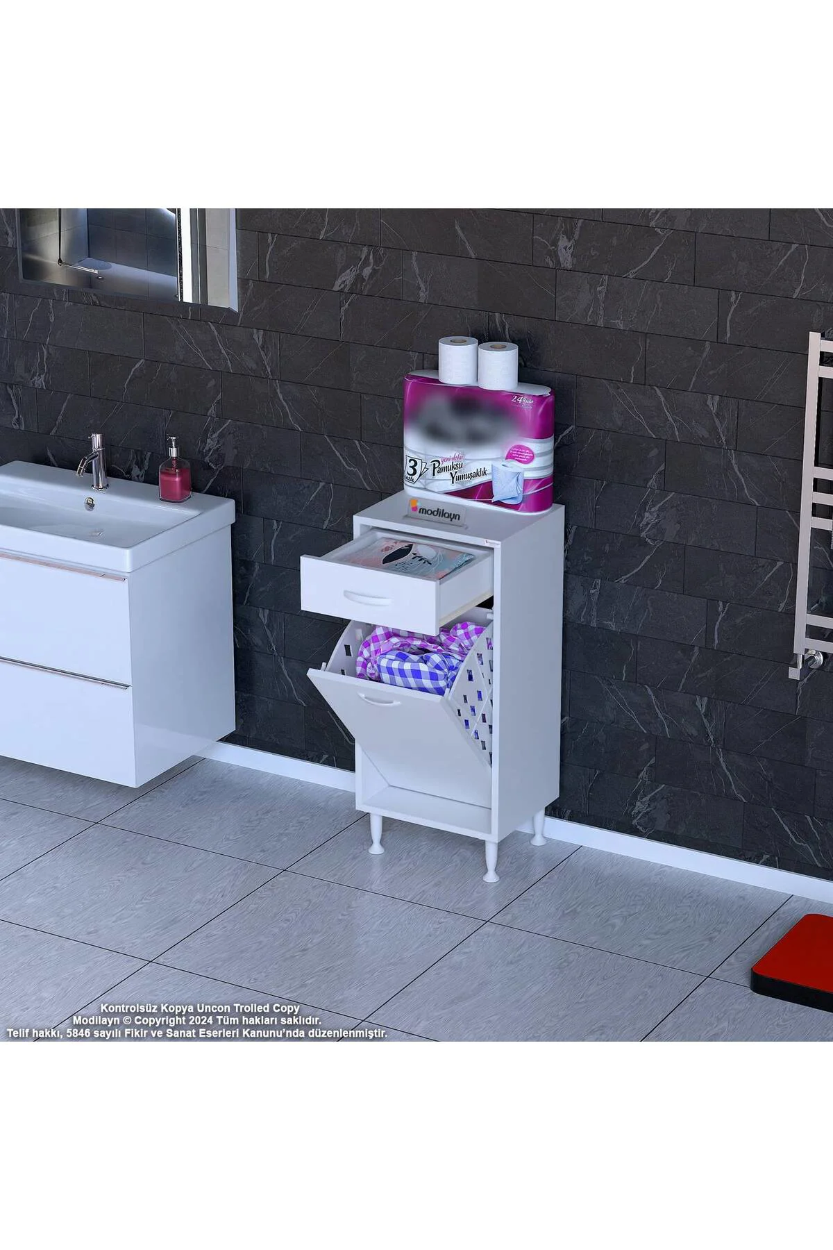Asil 50 cm Kirli Çamaşır Sepetli Banyo Dolabı 1 Çekmeceli Mutfak 
