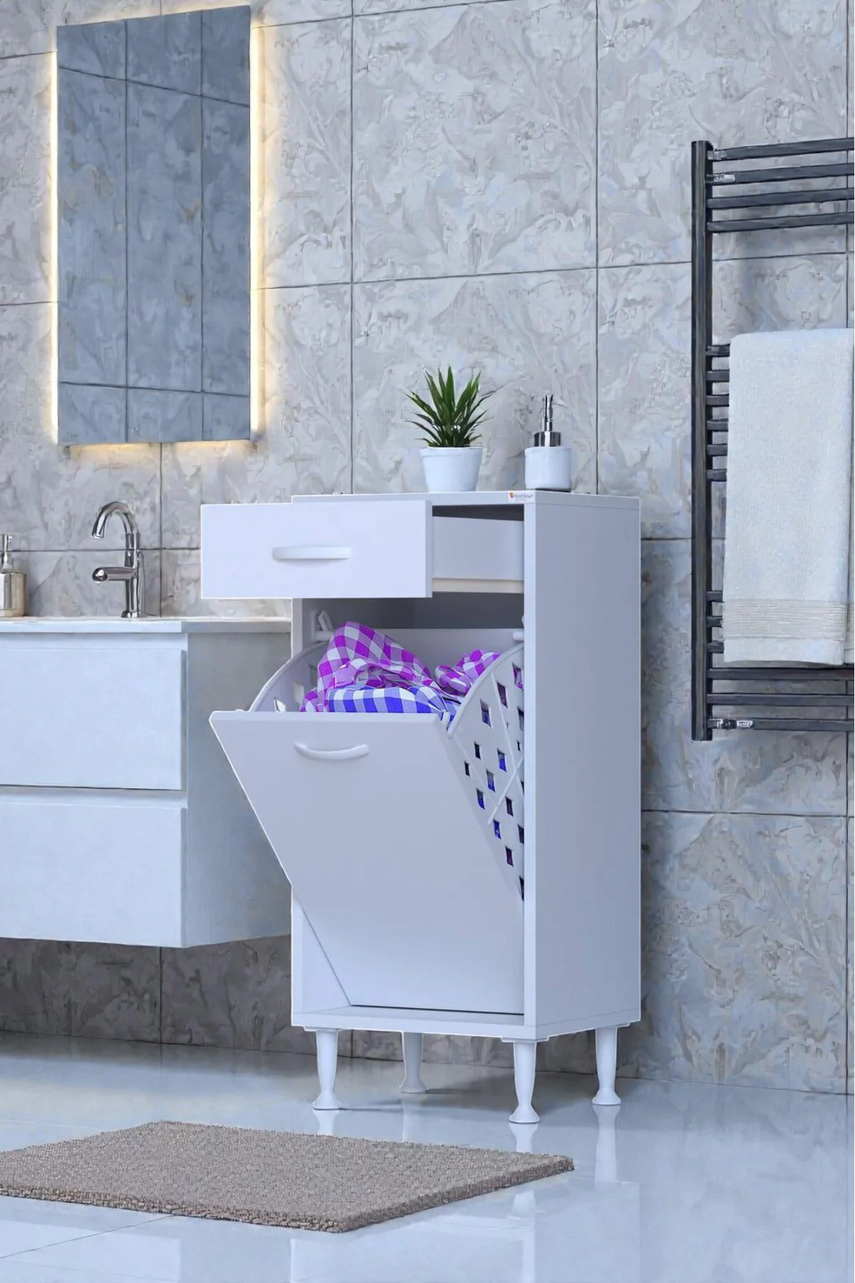 Asil 50 cm Kirli Çamaşır Sepetli Banyo Dolabı 1 Çekmeceli Mutfak 