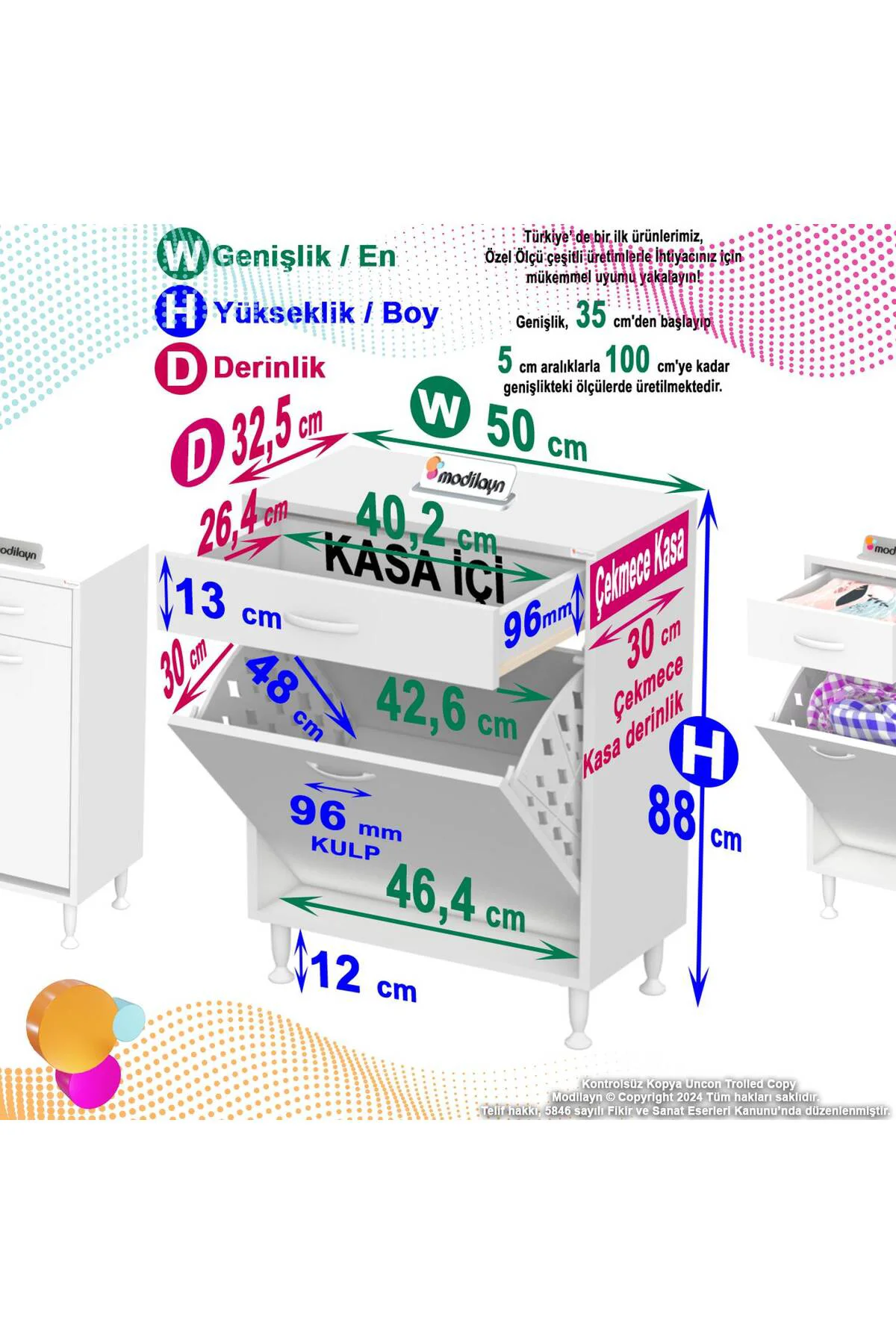 Asil 50 cm Kirli Çamaşır Sepetli Banyo Dolabı 1 Çekmeceli Mutfak 