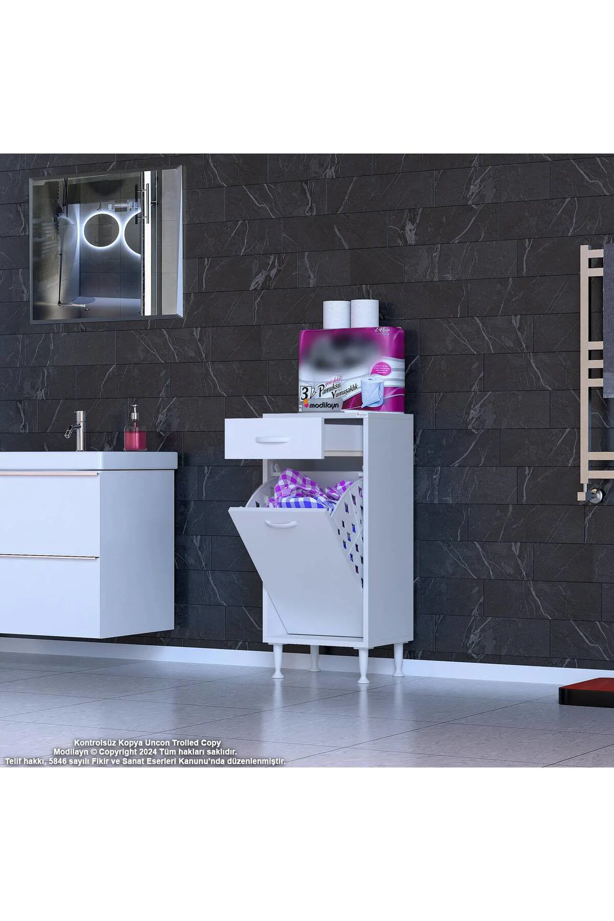 Asil 50 cm Kirli Çamaşır Sepetli Banyo Dolabı 1 Çekmeceli Mutfak 
