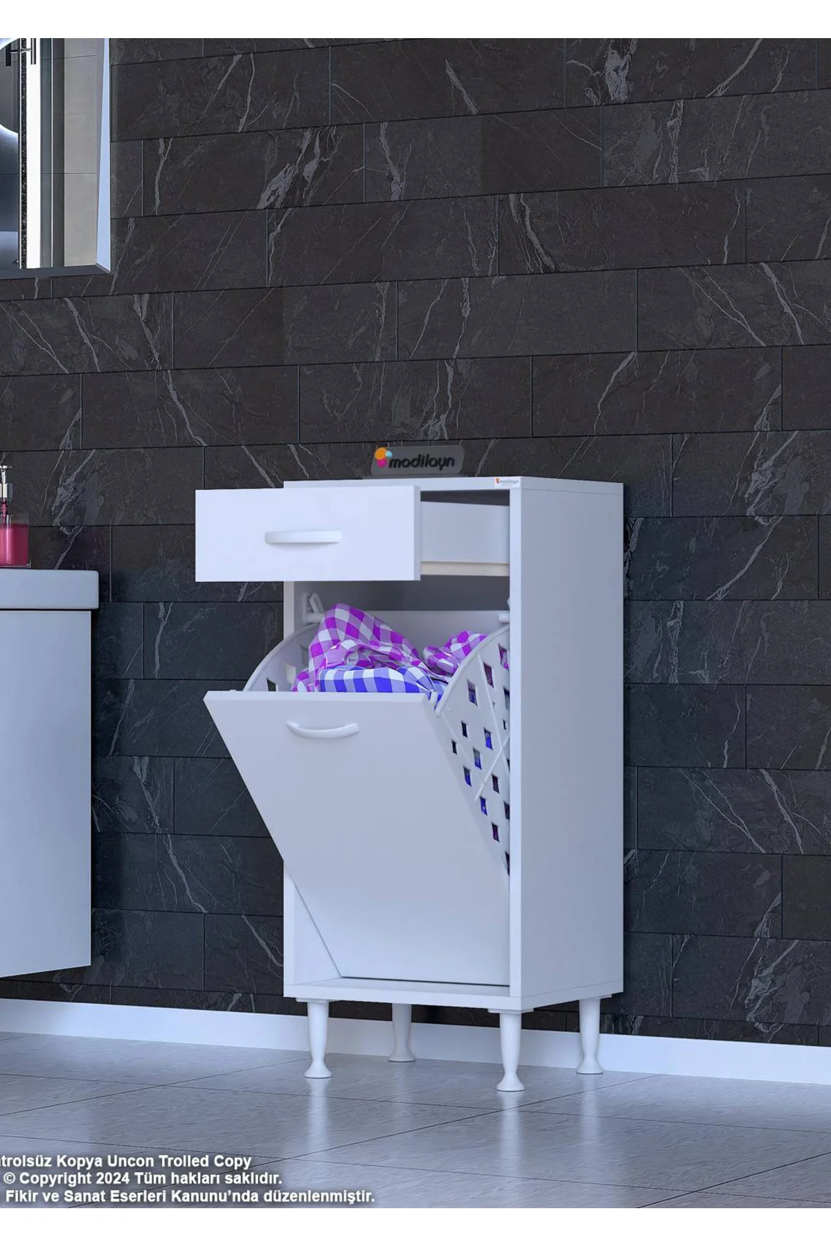 Asil 50 cm Kirli Çamaşır Sepetli Banyo Dolabı 1 Çekmeceli Mutfak 
