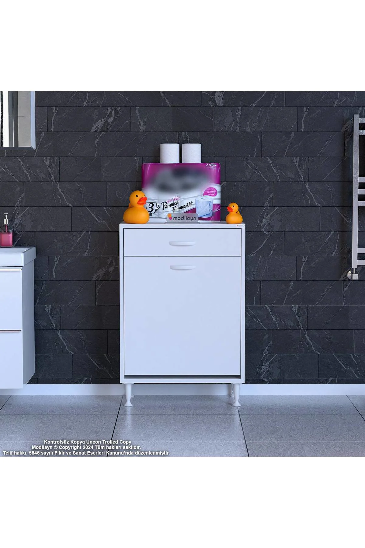 Asil 55 cm Kirli Çamaşır Sepetli Banyo Dolabı 1 Çekmeceli Mutfak 