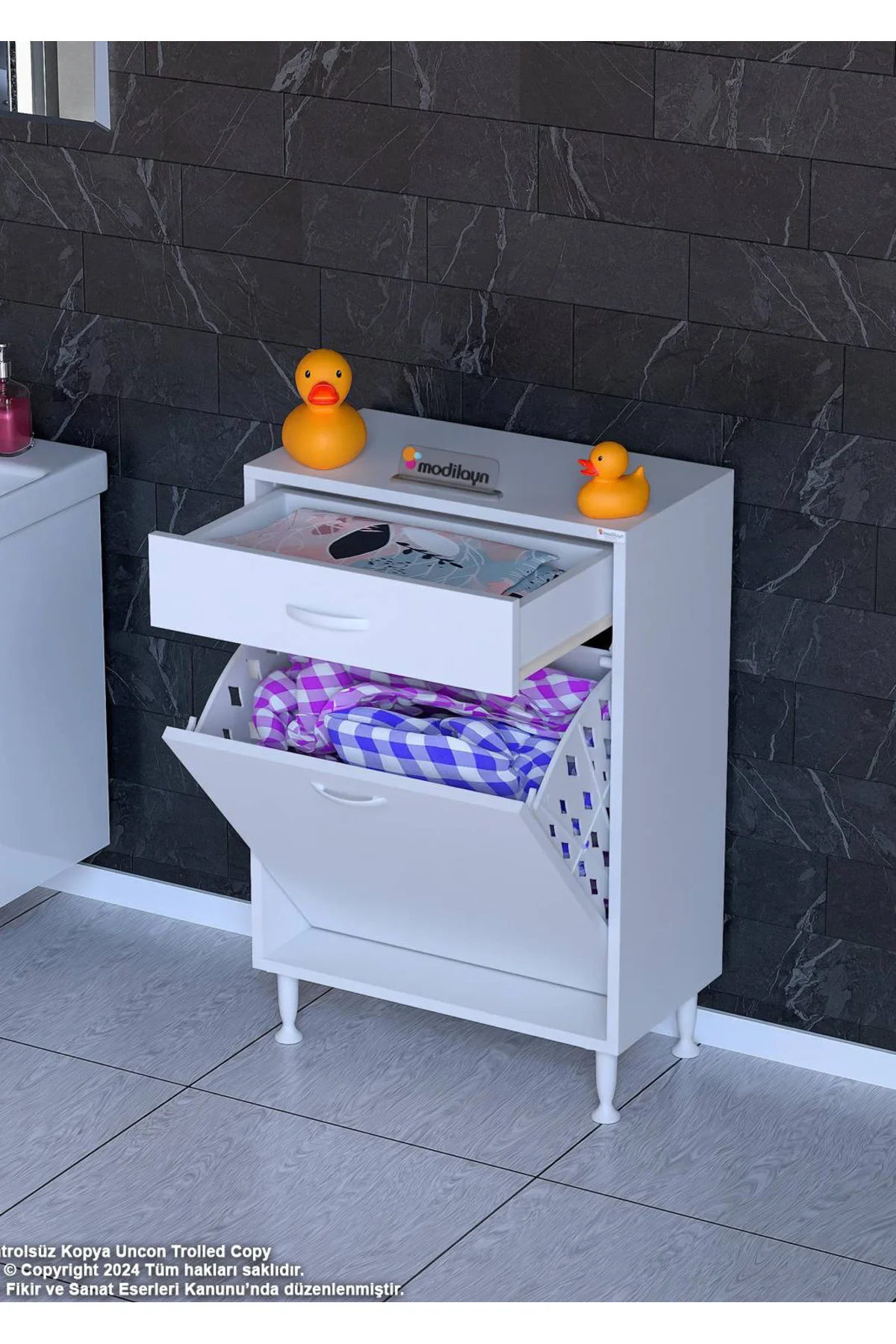 Asil 55 cm Kirli Çamaşır Sepetli Banyo Dolabı 1 Çekmeceli Mutfak 