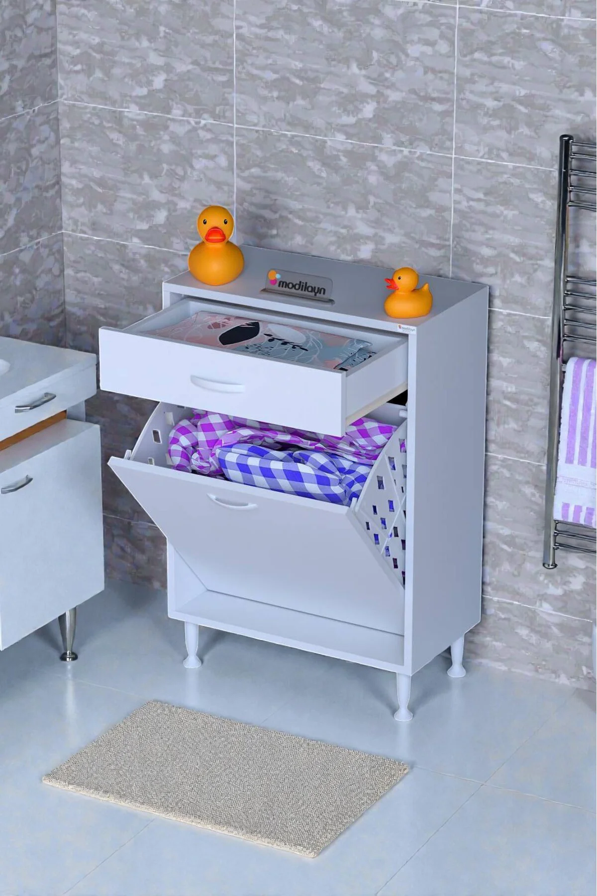 Asil 55 cm Kirli Çamaşır Sepetli Banyo Dolabı 1 Çekmeceli Mutfak 