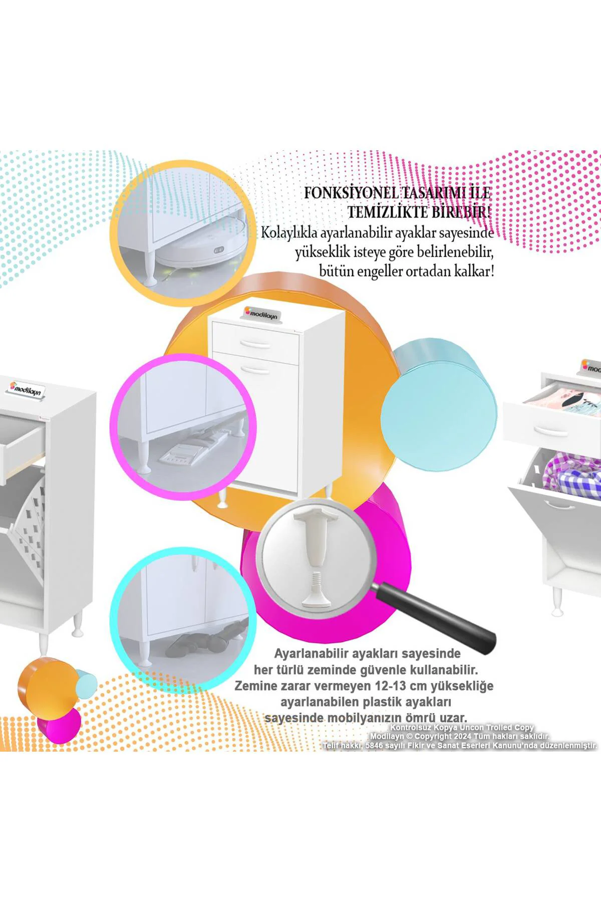 Asil 55 cm Kirli Çamaşır Sepetli Banyo Dolabı 1 Çekmeceli Mutfak 