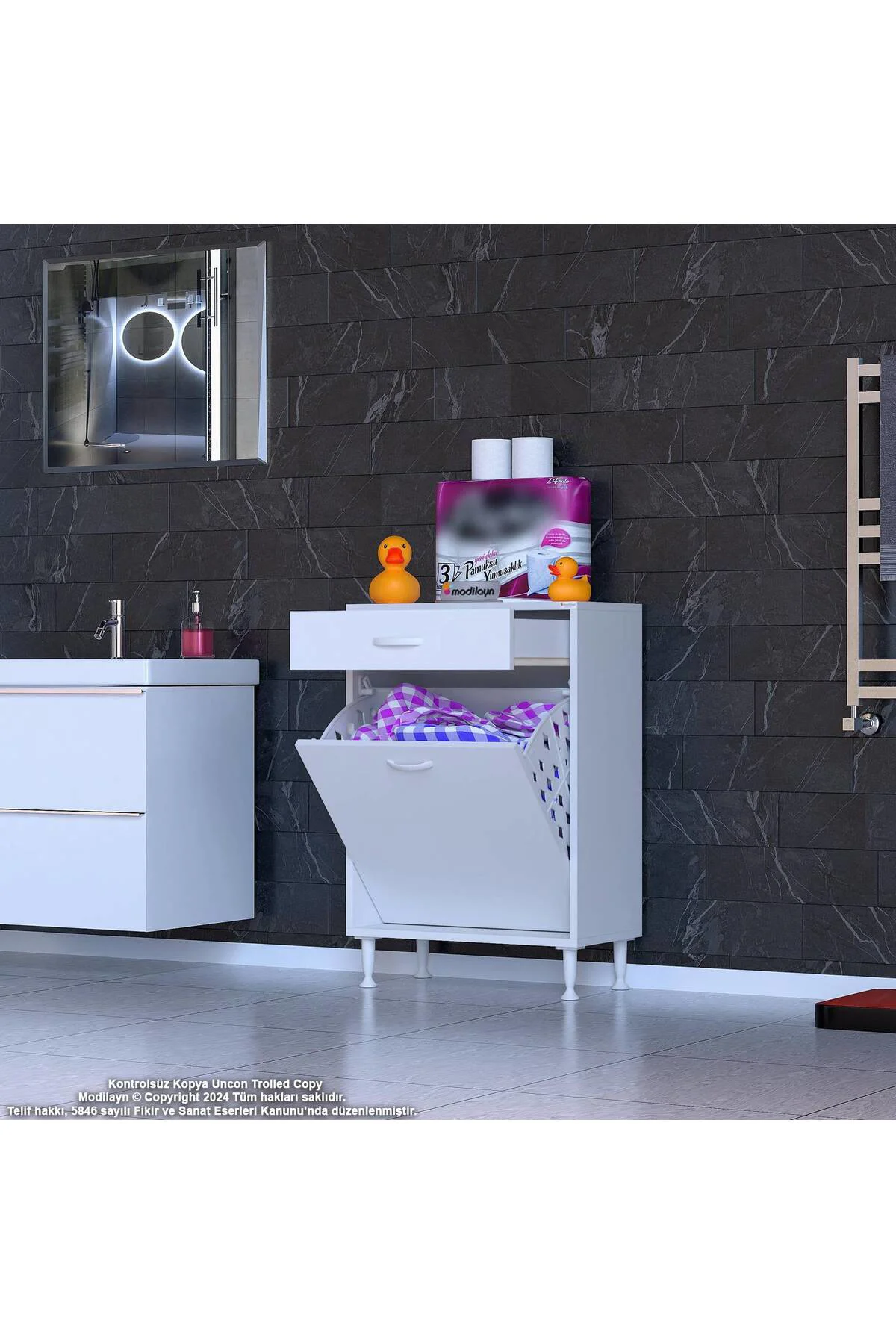 Asil 60 cm Kirli Çamaşır Sepetli Banyo Dolabı 1 Çekmeceli Mutfak 