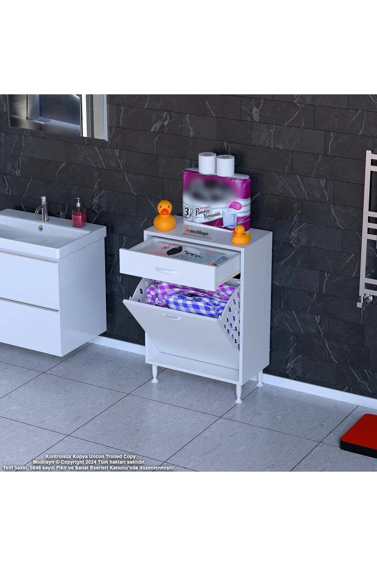 Asil 60 cm Kirli Çamaşır Sepetli Banyo Dolabı 1 Çekmeceli Mutfak 