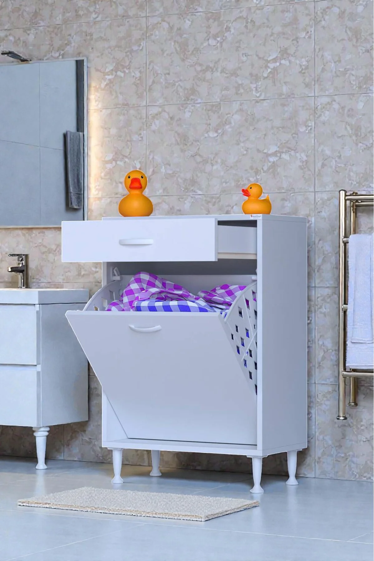 Asil 60 cm Kirli Çamaşır Sepetli Banyo Dolabı 1 Çekmeceli Mutfak 