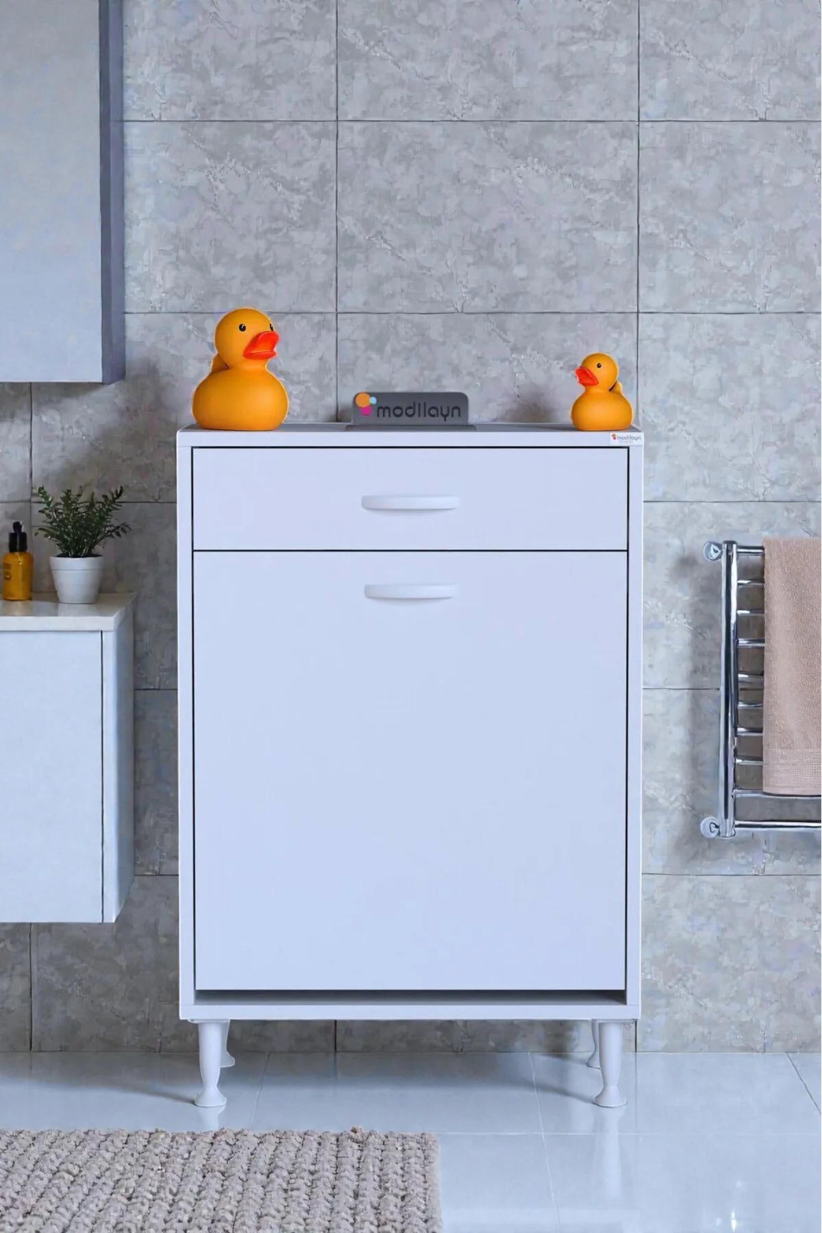 Asil 65 cm Kirli Çamaşır Sepetli Banyo Dolabı 1 Çekmeceli Mutfak 