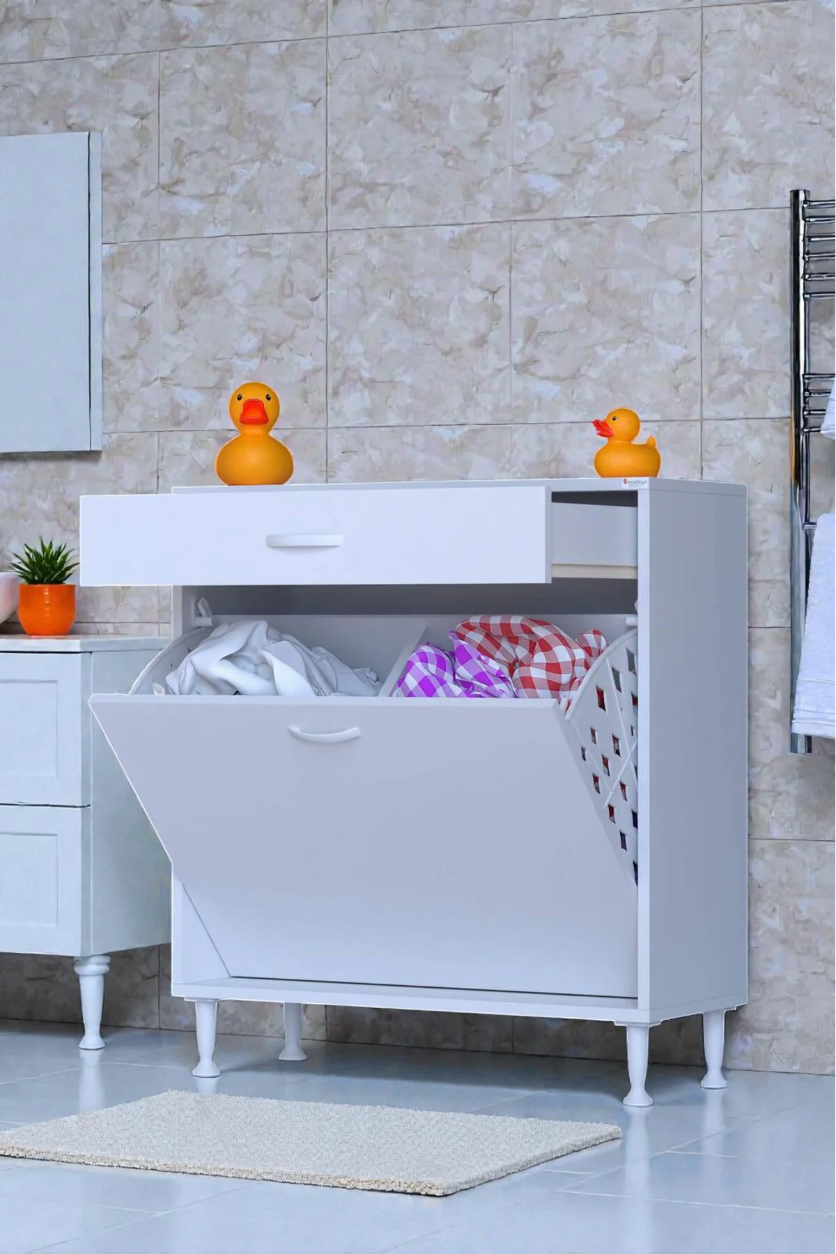 Asil 70 cm Kirli Çamaşır Sepetli Banyo Dolabı 1 Çekmeceli Mutfak 