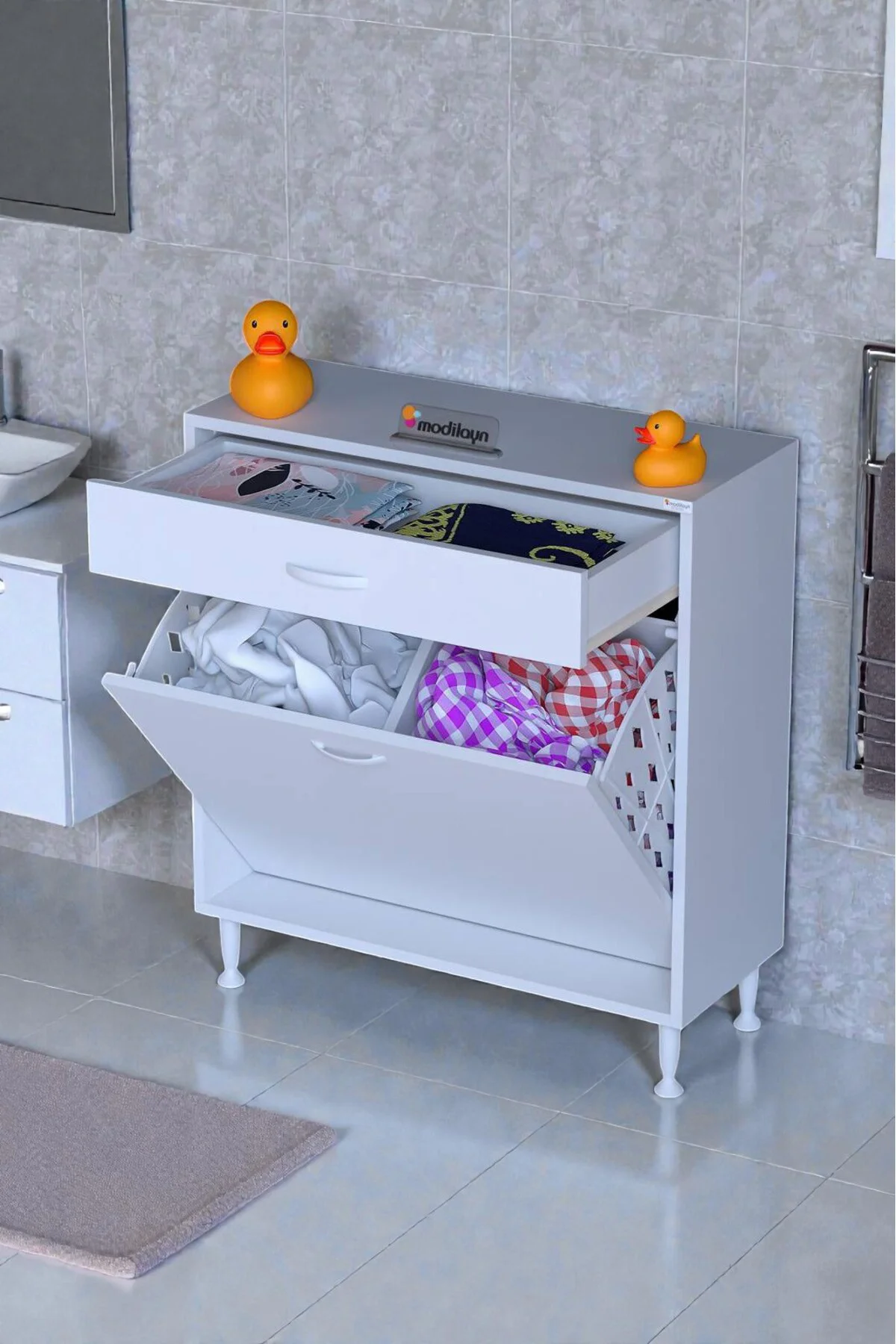 Asil 75 cm Kirli Çamaşır Sepetli Banyo Dolabı 1 Çekmeceli Mutfak 