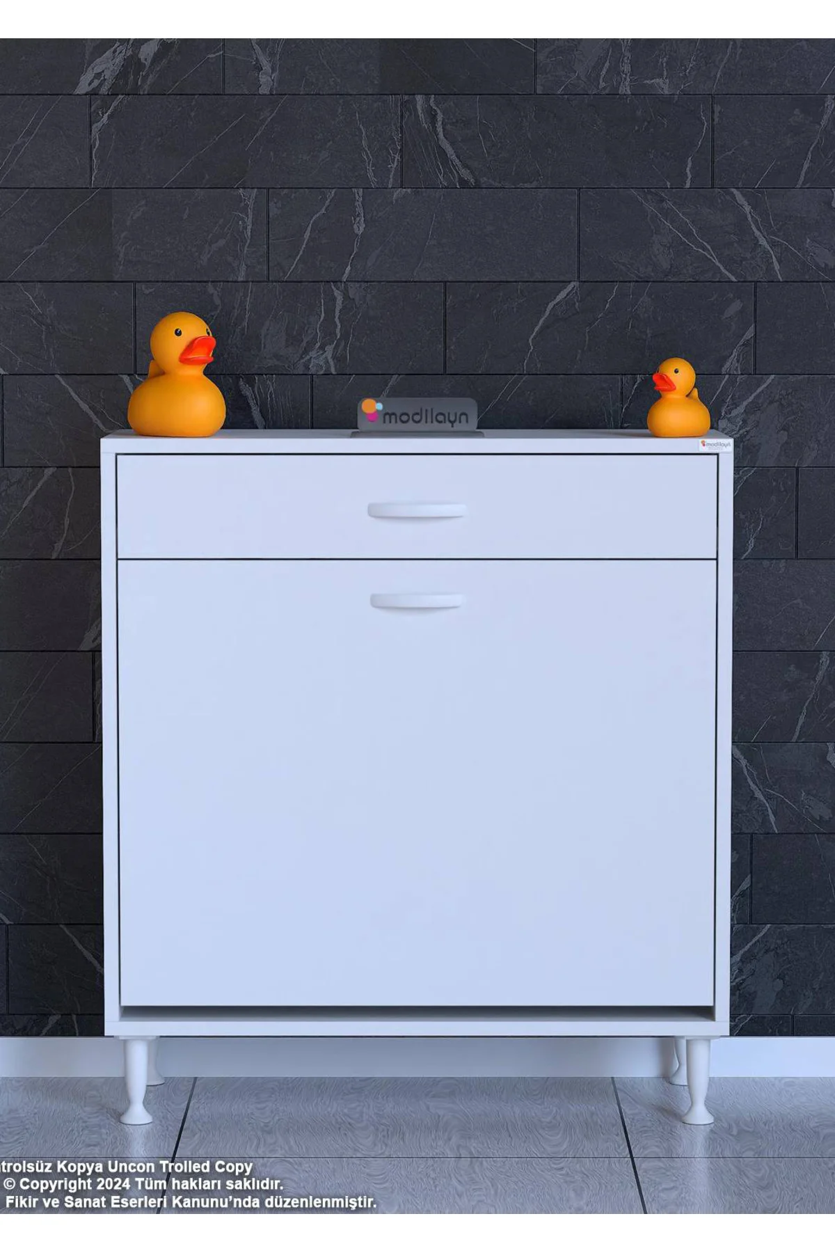 Asil 75 cm Kirli Çamaşır Sepetli Banyo Dolabı 1 Çekmeceli Mutfak 