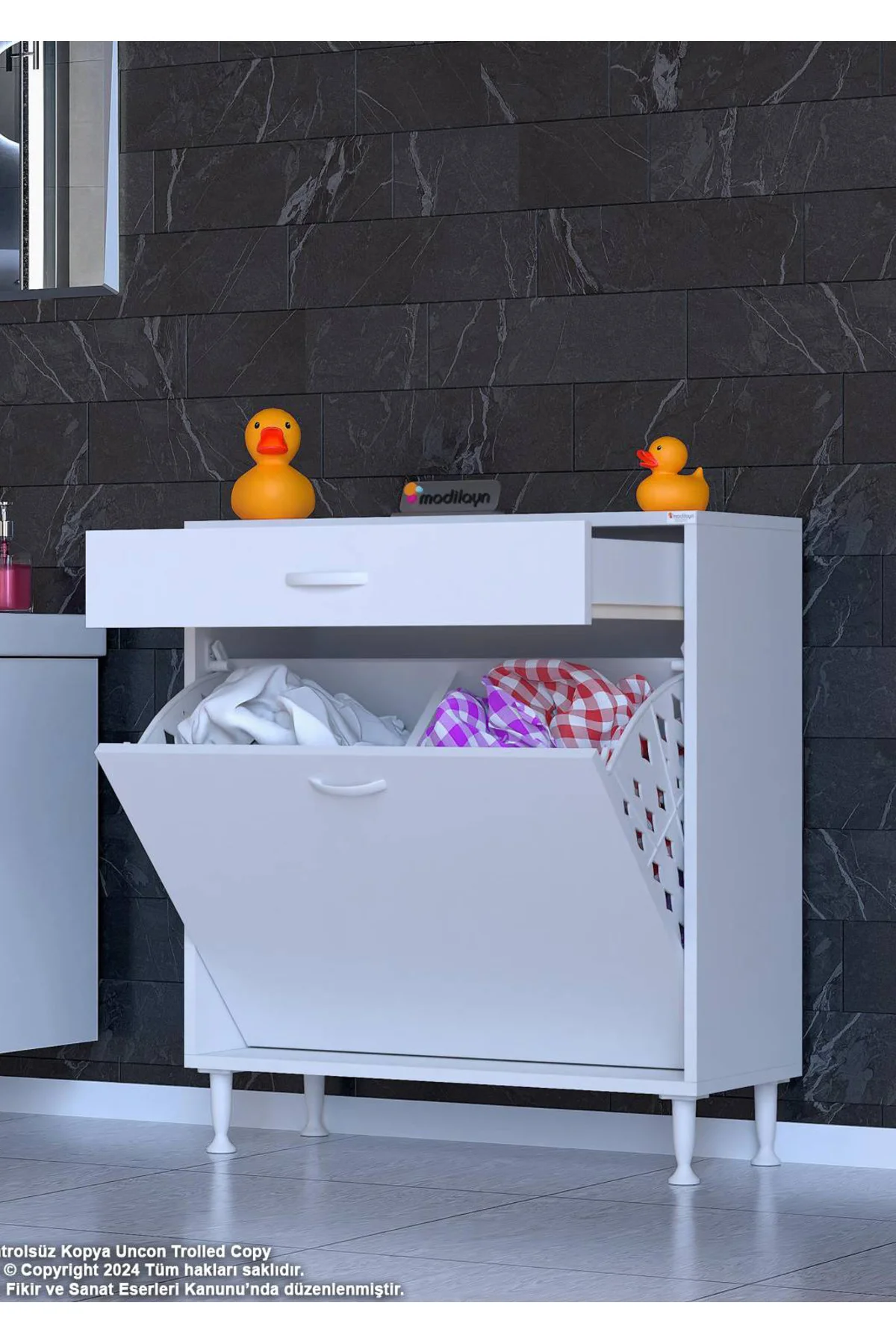 Asil 80 cm Kirli Çamaşır Sepetli Banyo Dolabı 1 Çekmeceli Mutfak 
