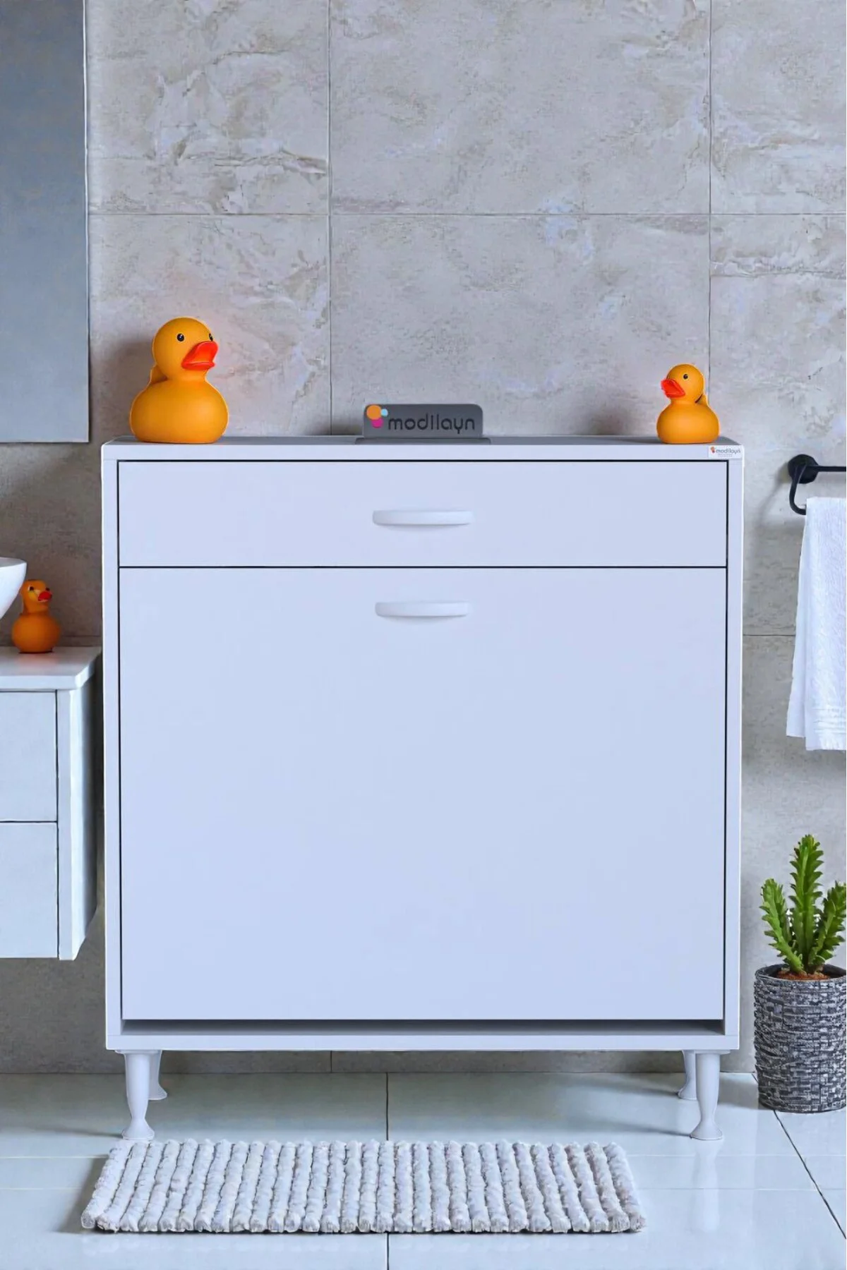 Asil 80 cm Kirli Çamaşır Sepetli Banyo Dolabı 1 Çekmeceli Mutfak 
