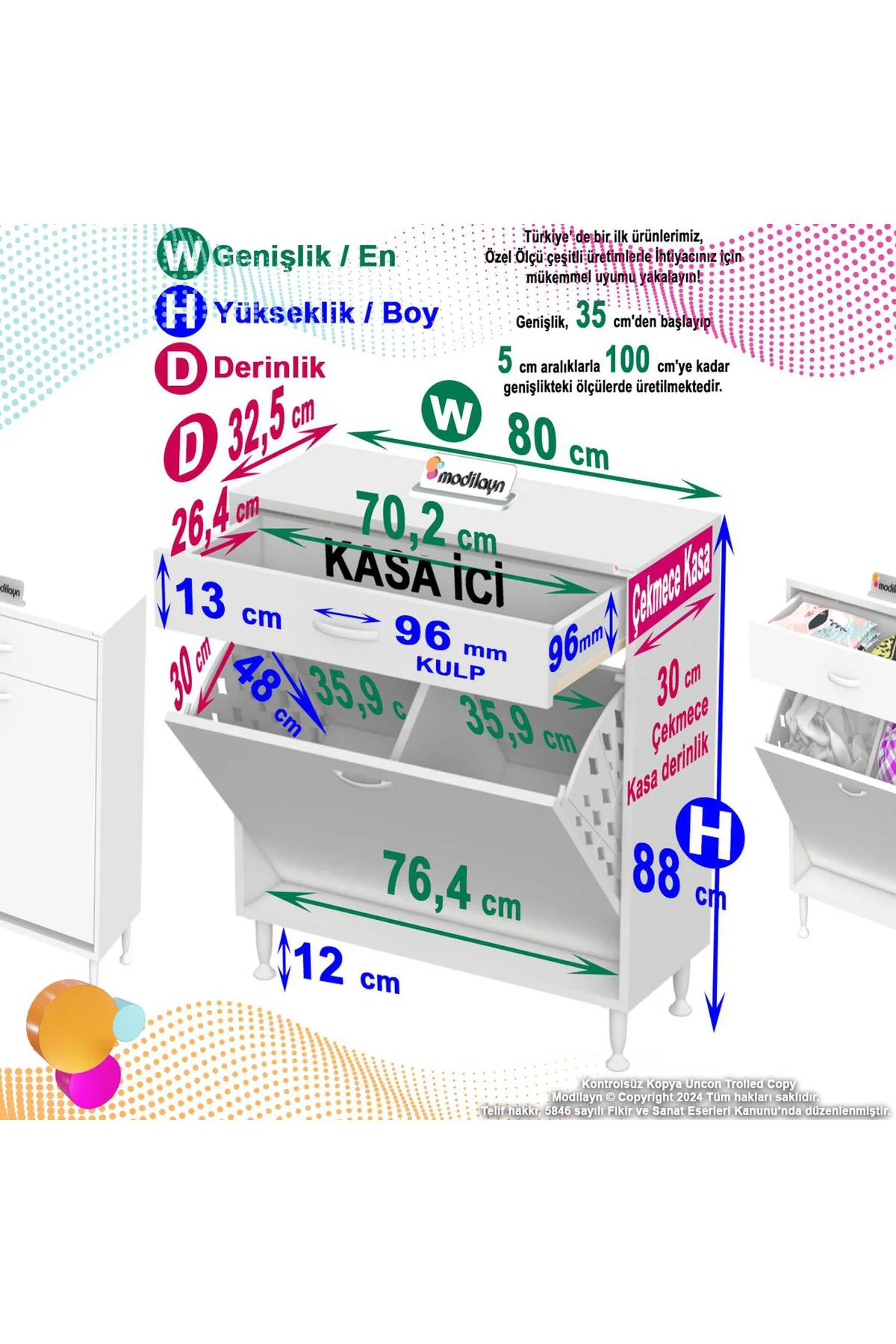 Asil 80 cm Kirli Çamaşır Sepetli Banyo Dolabı 1 Çekmeceli Mutfak 