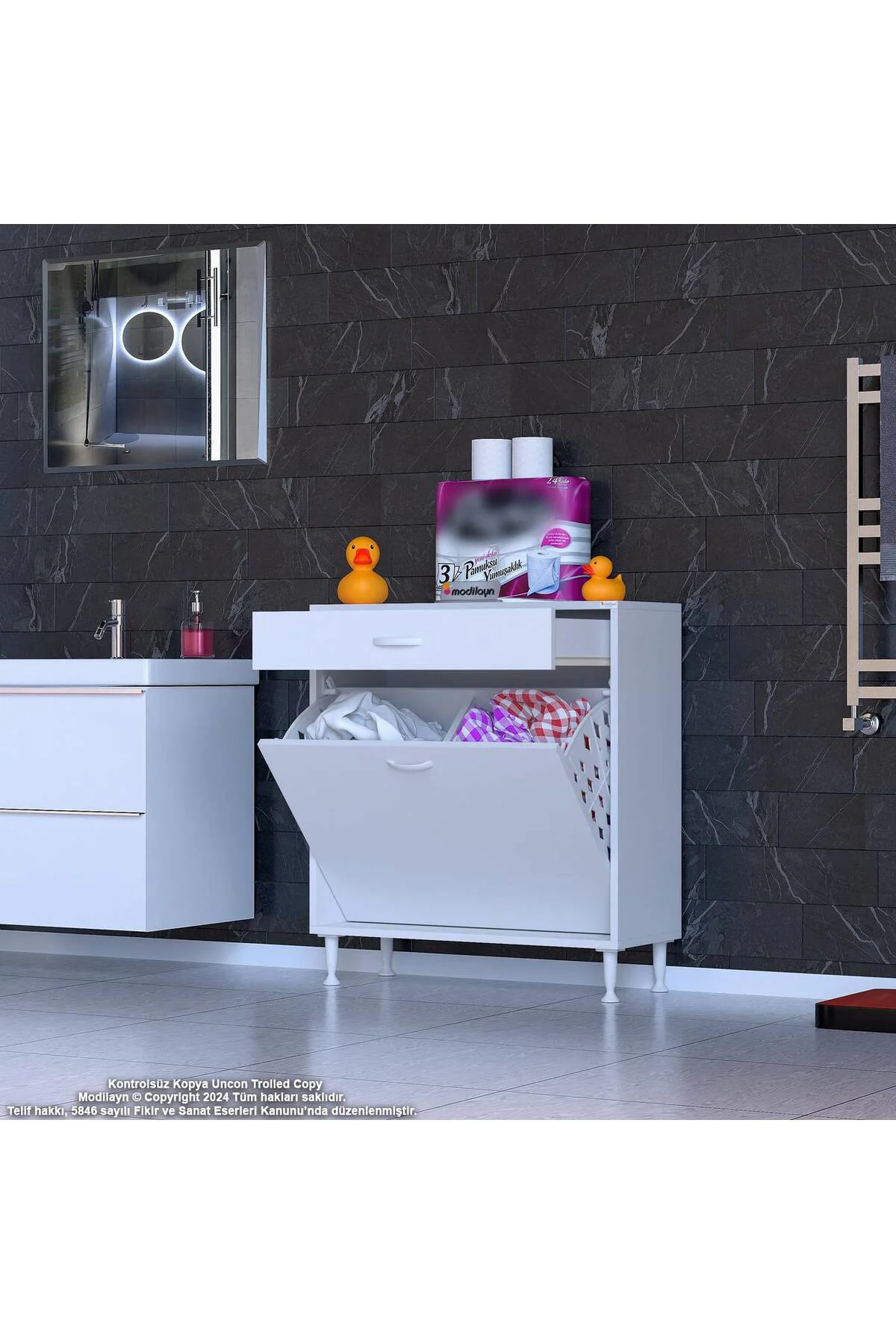 Asil 80 cm Kirli Çamaşır Sepetli Banyo Dolabı 1 Çekmeceli Mutfak 