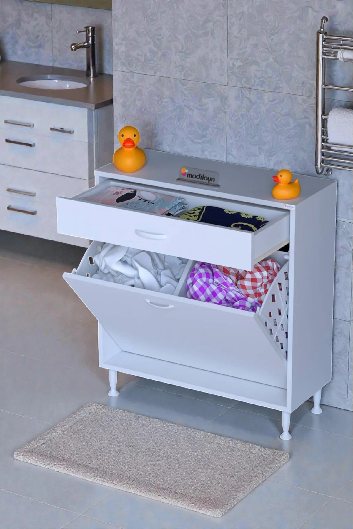 Asil 85 cm Kirli Çamaşır Sepetli Banyo Dolabı 1 Çekmeceli Mutfak 