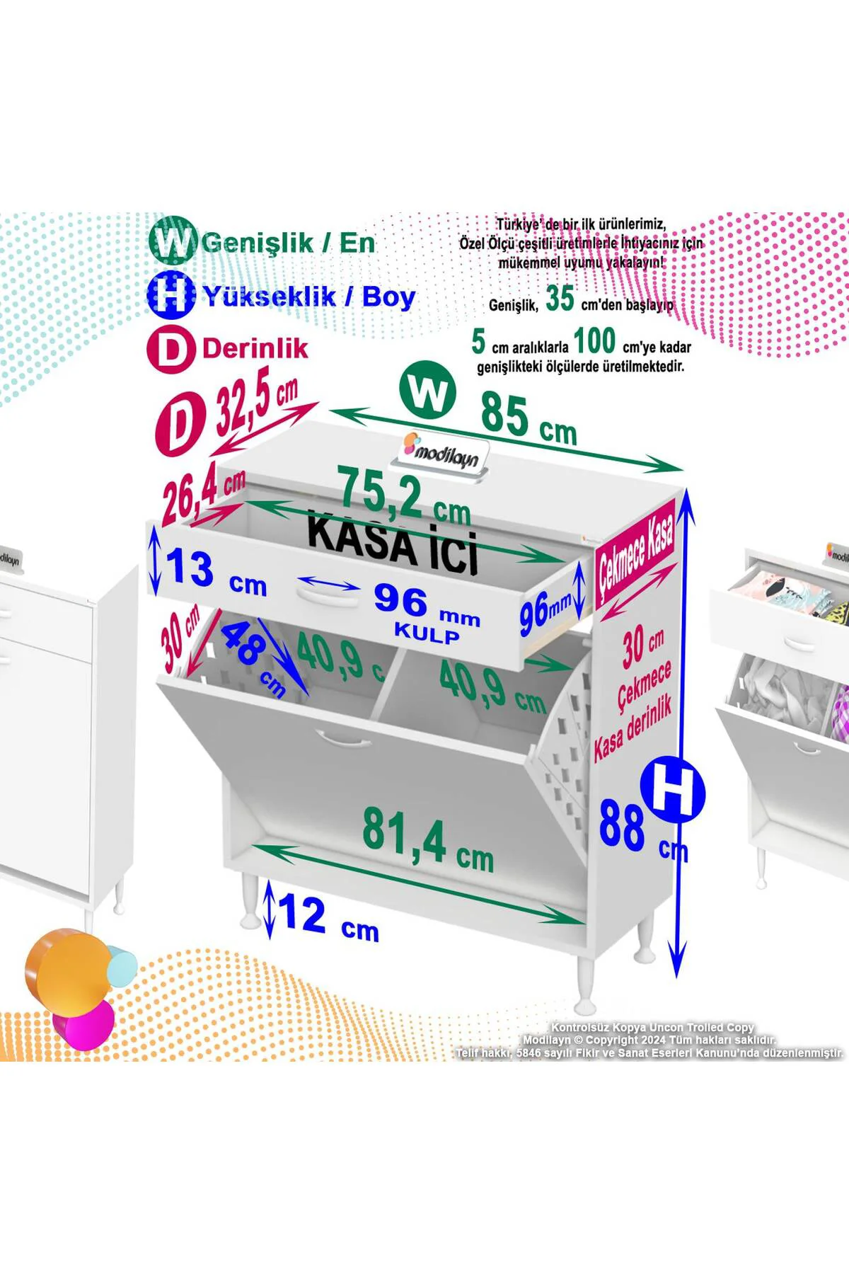 Asil 85 cm Kirli Çamaşır Sepetli Banyo Dolabı 1 Çekmeceli Mutfak 