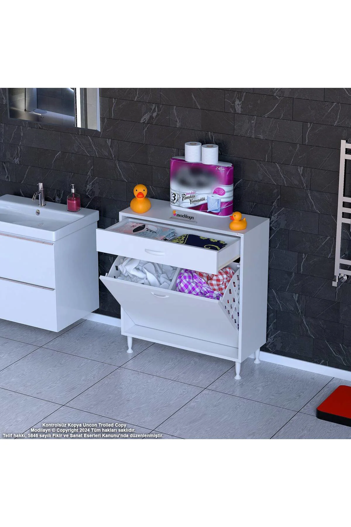 Asil 85 cm Kirli Çamaşır Sepetli Banyo Dolabı 1 Çekmeceli Mutfak 