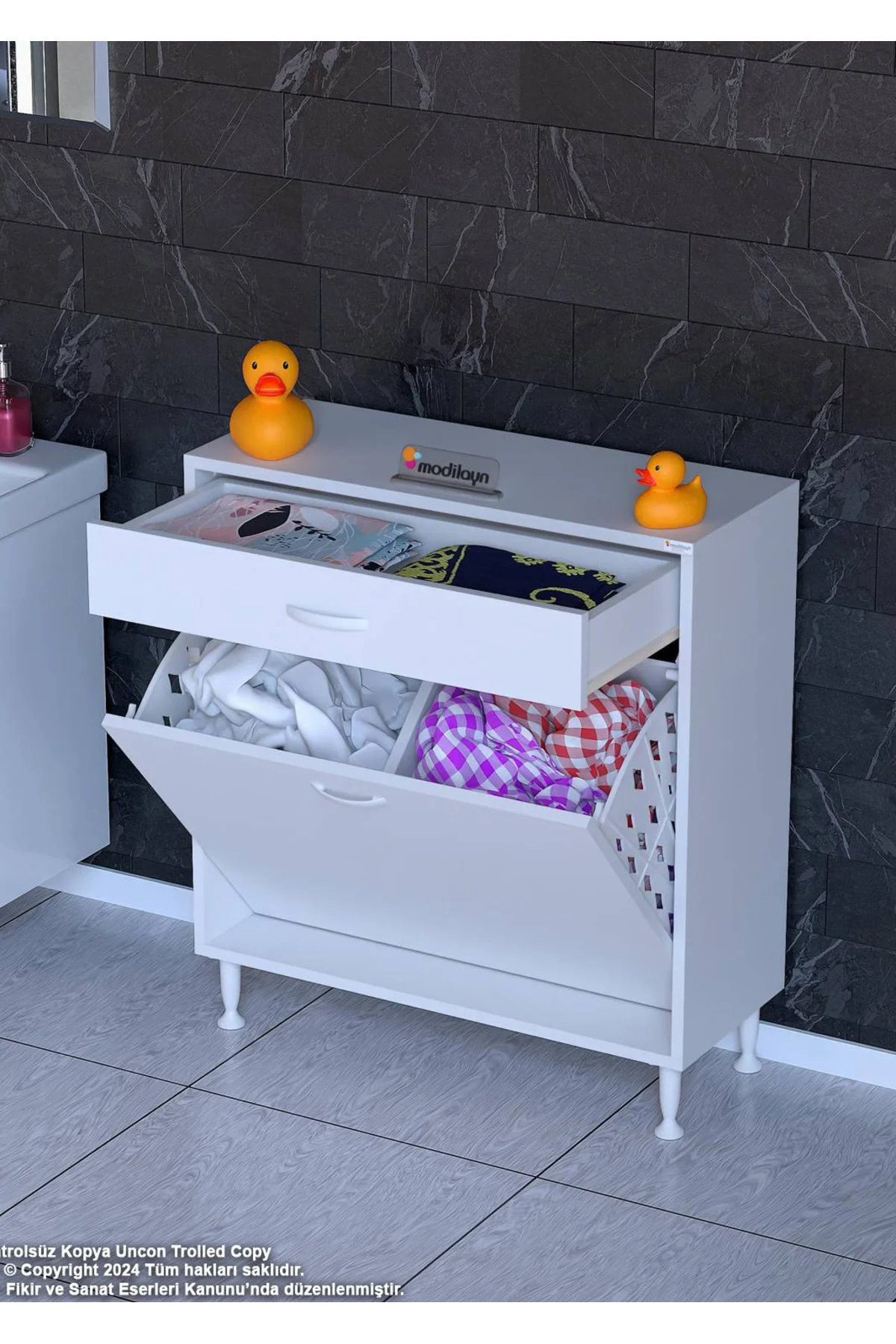 Asil 85 cm Kirli Çamaşır Sepetli Banyo Dolabı 1 Çekmeceli Mutfak 