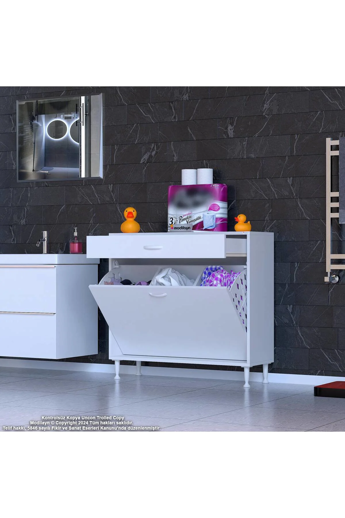 Asil 90 cm Kirli Çamaşır Sepetli Banyo Dolabı 1 Çekmeceli Mutfak 