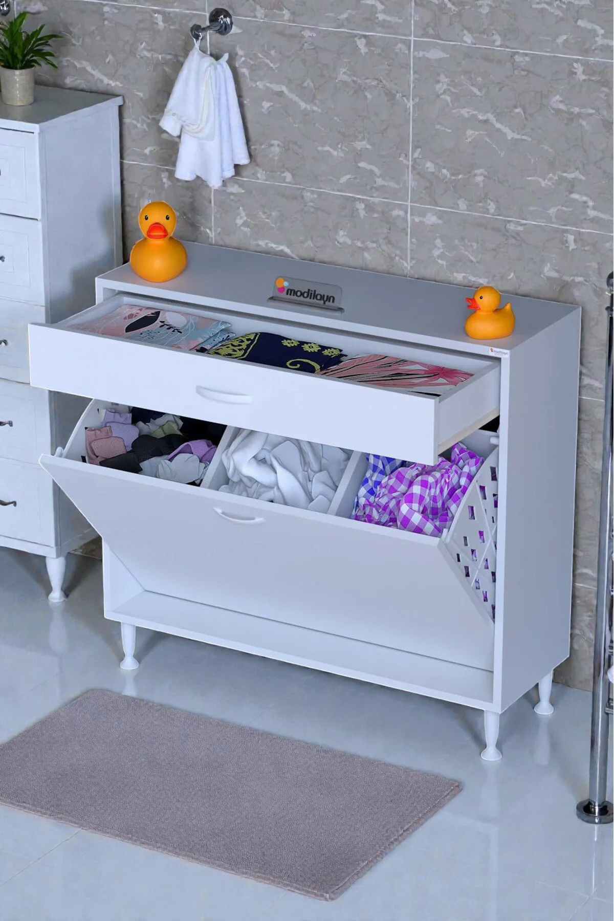Asil 90 cm Kirli Çamaşır Sepetli Banyo Dolabı 1 Çekmeceli Mutfak 