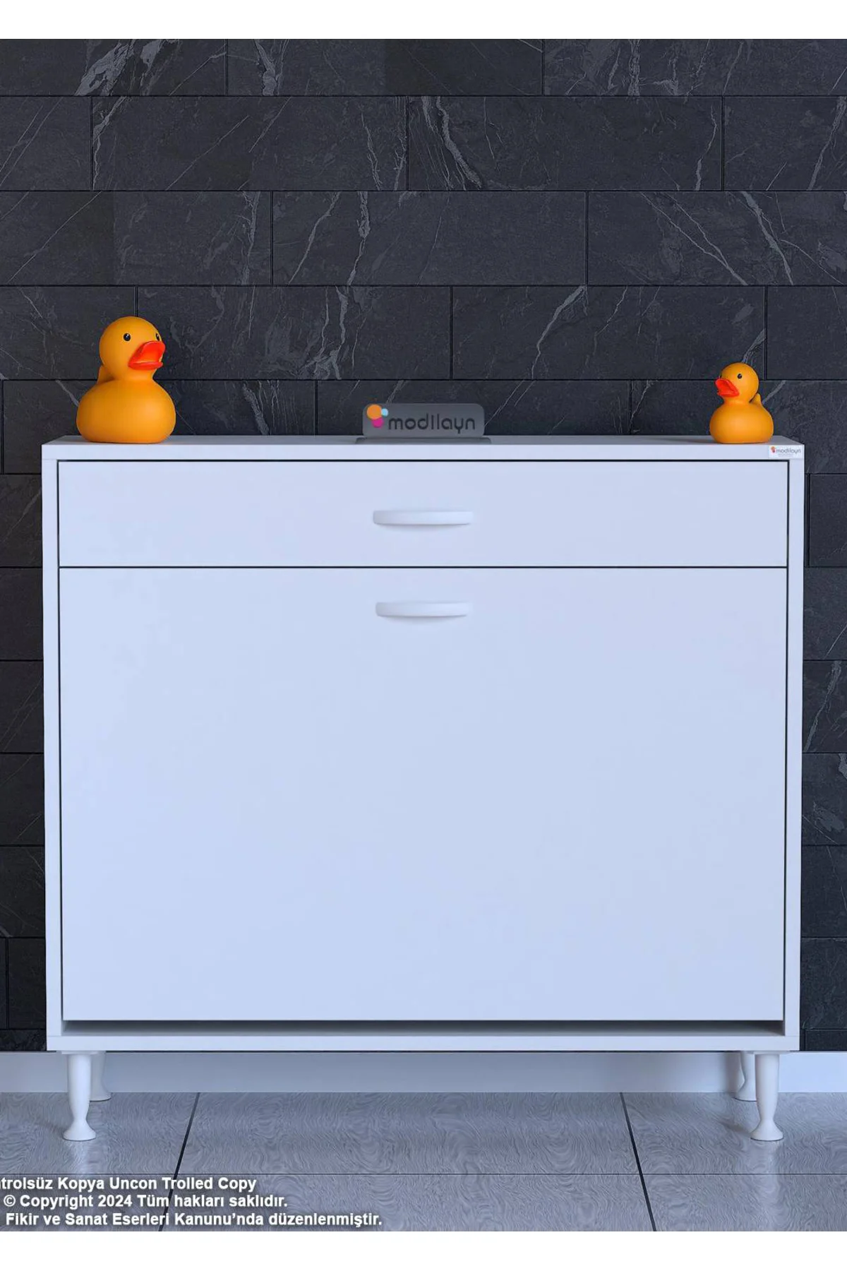 Asil 90 cm Kirli Çamaşır Sepetli Banyo Dolabı 1 Çekmeceli Mutfak 