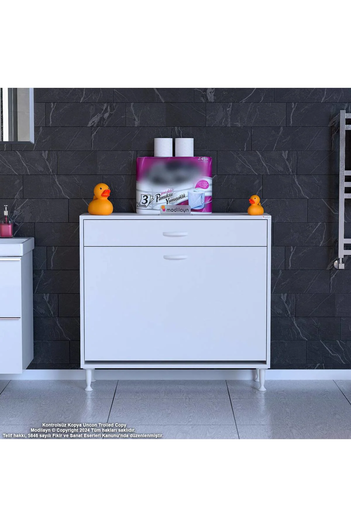 Asil 90 cm Kirli Çamaşır Sepetli Banyo Dolabı 1 Çekmeceli Mutfak 