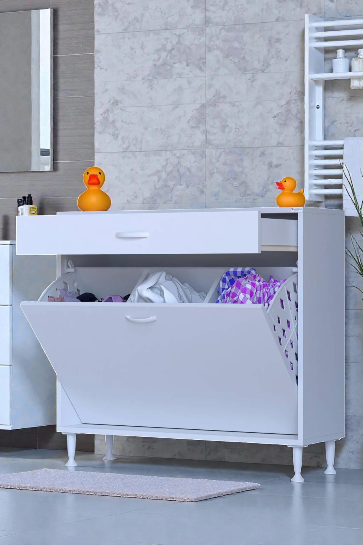 Asil 95 cm Kirli Çamaşır Sepetli Banyo Dolabı 1 Çekmeceli Mutfak 