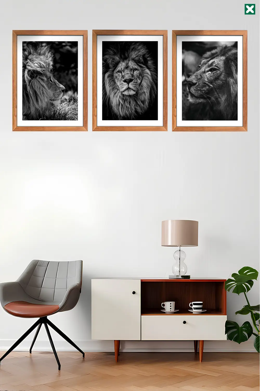 Asil Aslan Duvar Dekoru 3'lü Set , Çerçeve Görünümlü Modern Mdf T