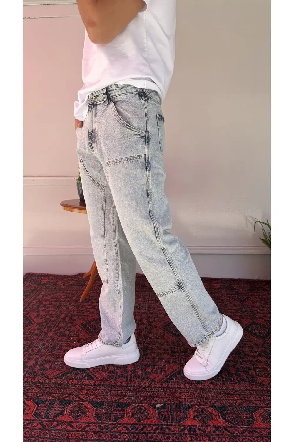 Asimetrik Dikiş Detaylı Baggy Jean