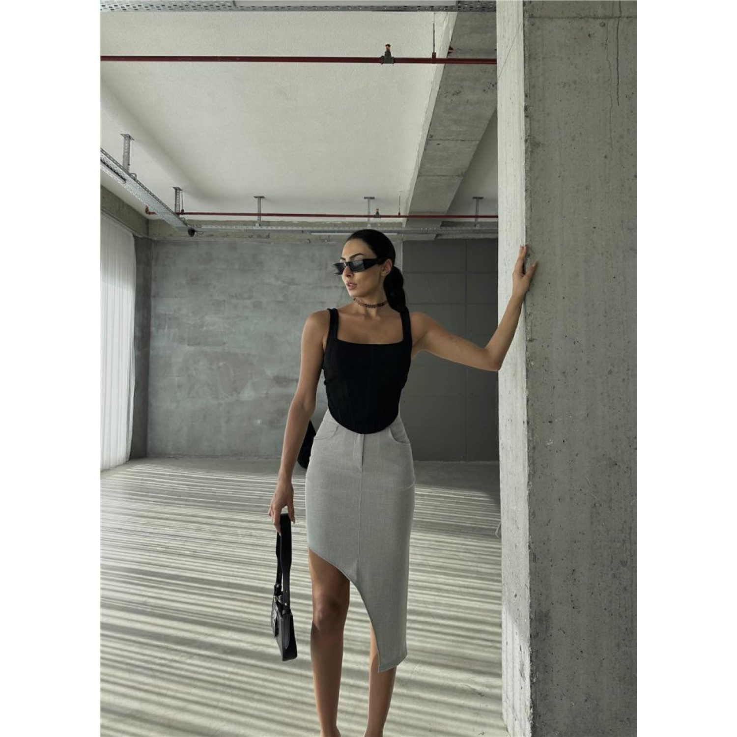 ASİMETRİK KESİM ETEK VİSKON - Gri