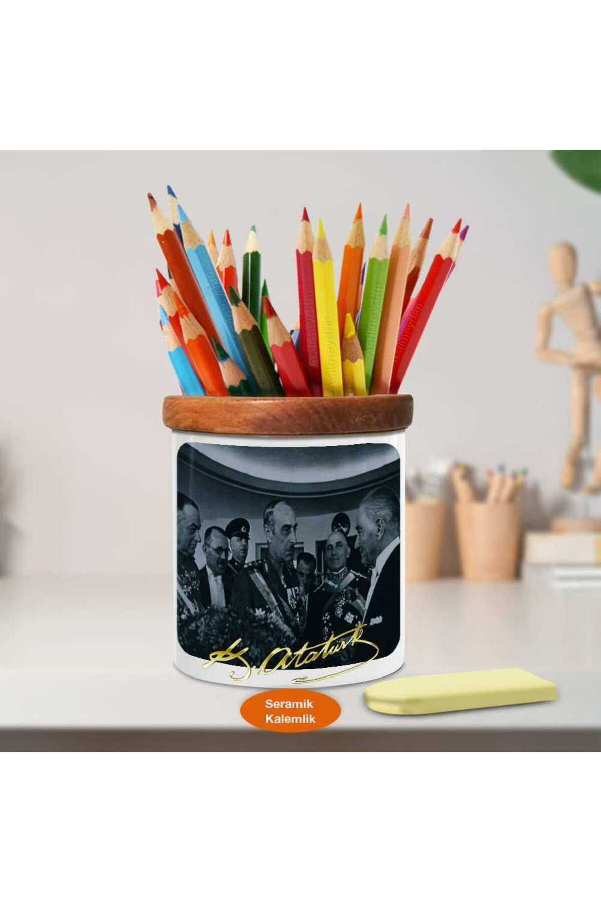 Asilmeydan Askerle Selamlaşan Mustafa Kemal Atatürk Ahşap Seramik Kalemlik-7